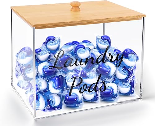 Miniatura 1 de JYPS Contenedor de cápsulas de lavandería para organización de lavandería, caja acrílica con tapa de bambú para lavandería, baño, habitación, decer,
