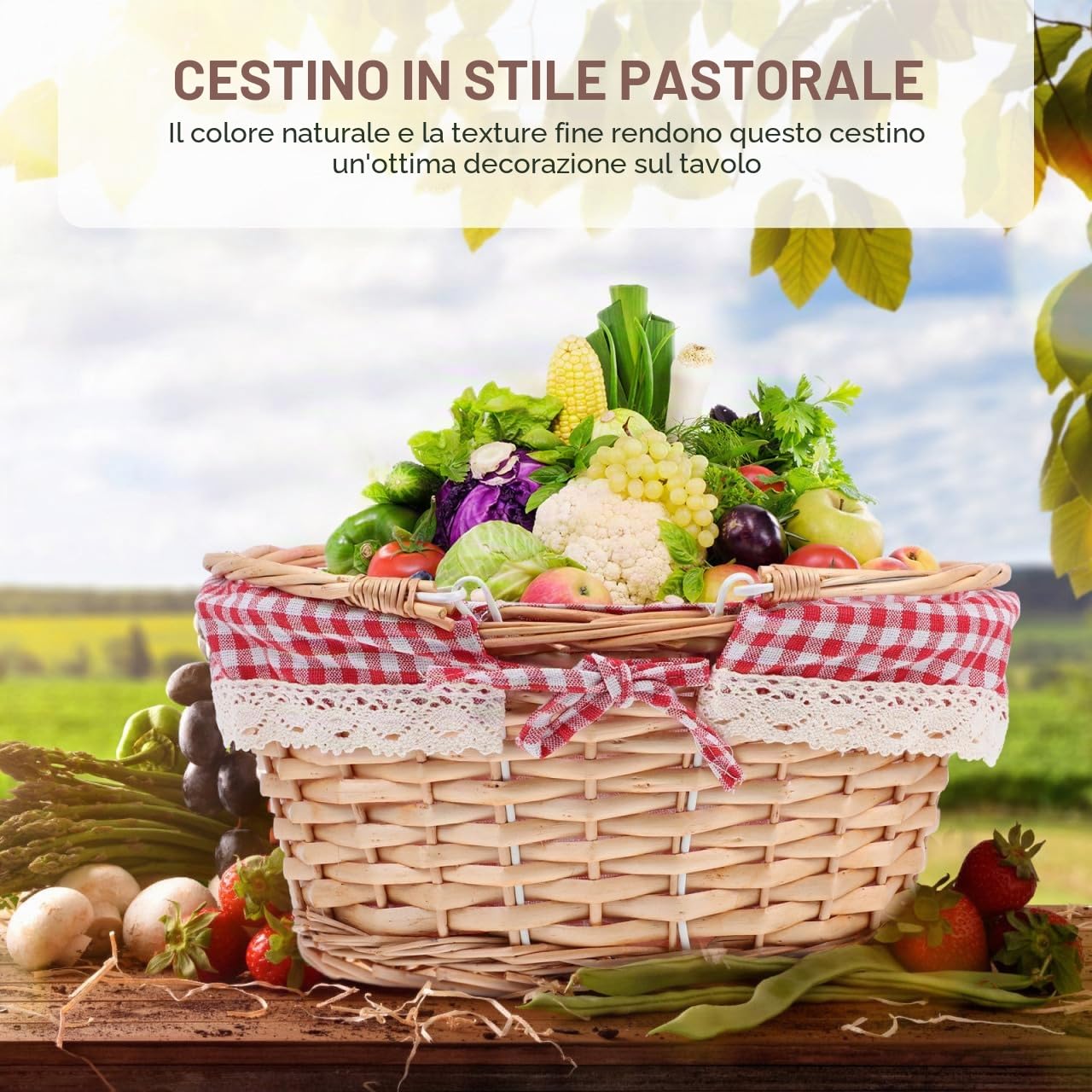 Healvian Cestino Picnic in Vimini Intrecciato Con Manico Mobile Contenitore Compatto Per Frutta E Snack Accessorio Funzionale Per Gite All'Aperto E Barbecue Dimensioni 5X13X5 Pollici