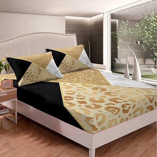Miniatura 2 de Manfei Sábana bajera ajustable de mármol, tamaño individual, funda de cama con purpurina dorada y estampado de leopardo con 1 funda de almohada,