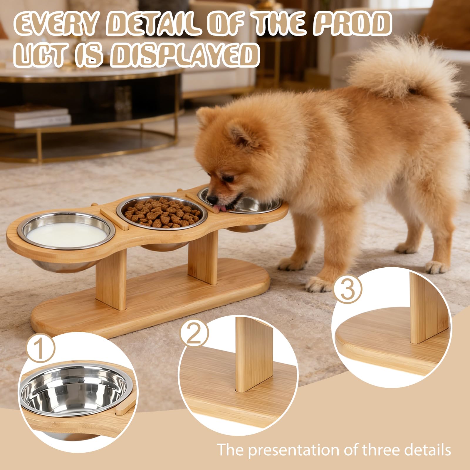 Gamelle Chat Surélevée avec 3 Bols en Acier Inoxydable, Support en Bois, Hauteur Réglable, Gamelle Surélevée pour Chat, Support Gamelle Chat,Gamelles pour Chats et Petits Chiens