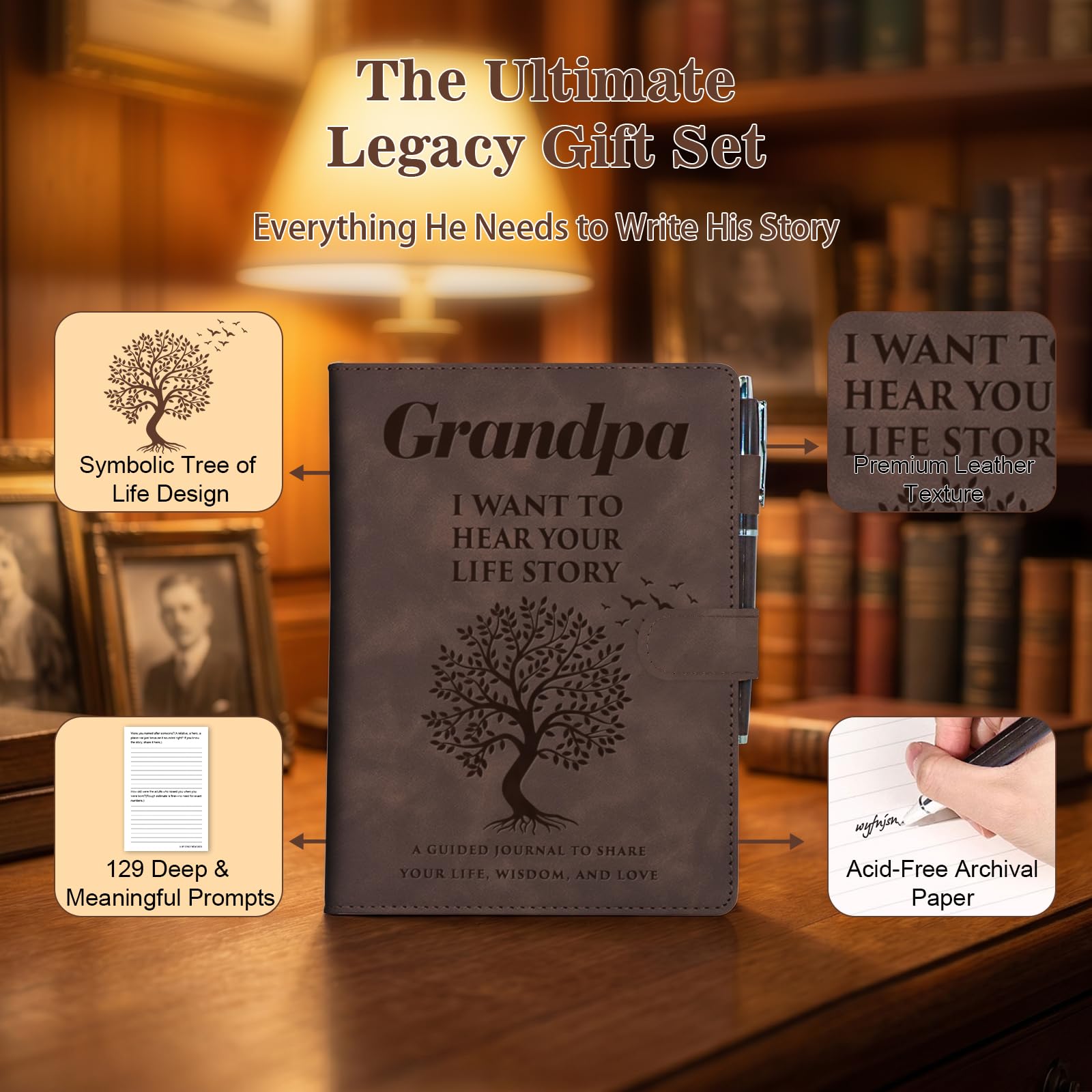 Grandpa I Want To Hear Your Story - Juego de regalo de diario de cuero para la familia, recuerdo de reliquia, regalos significativos para el abuelo de parte de los nietos, regalos