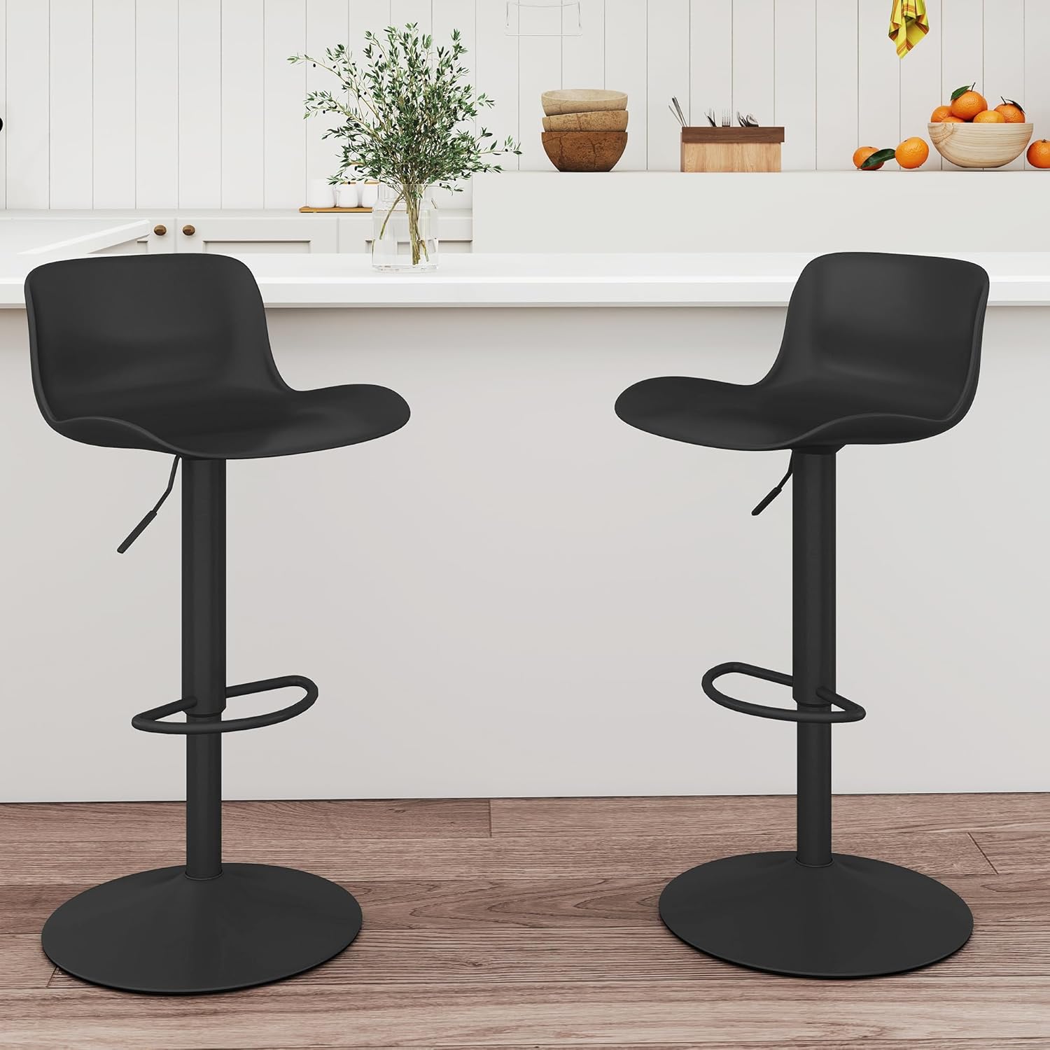 LSSBOUGHT Bar Stools, Swivel Counter Height Barstools with Plastic Shell Back, Adjustable Bar Chairs, Modern Armless Kitchen Island Stool (Black, 2PCS)