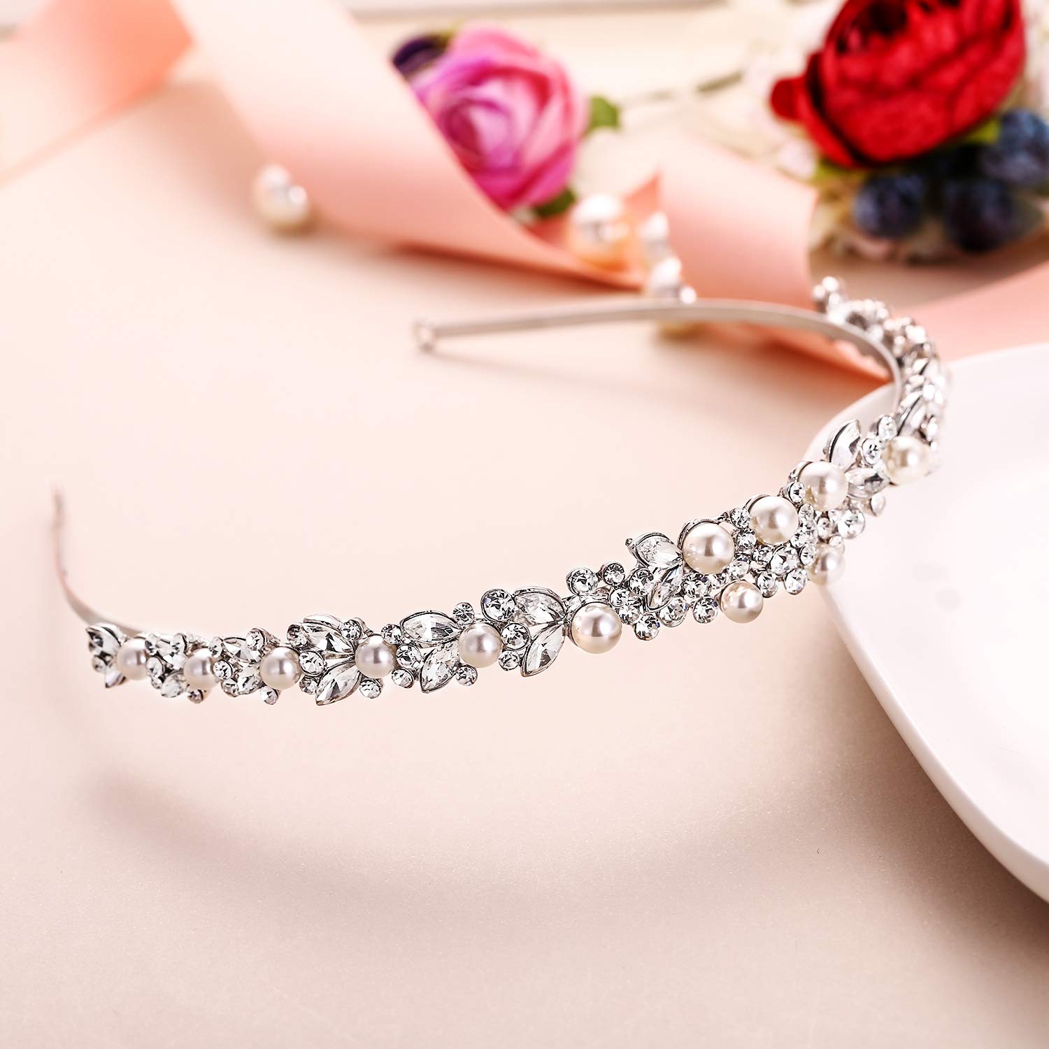 EVER FAITH® Tiara per capelli da sposa, con perle artificiali e cristalli austriaci, stile Art Deco, accessorio per capelli, colore: argento trasparente