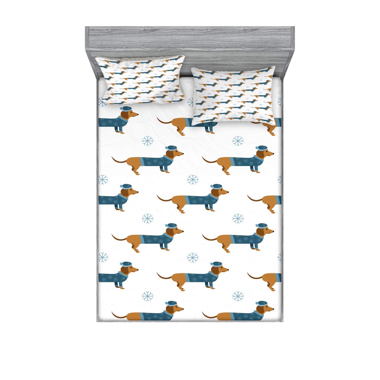 Ambesonne Dachshund Fitted Sheet & Pillow Sham Set, Winter Cartoon Sausage Dog in Pullover and Snowflakes, Decorative Printed 3 Piece Bedding Decor Set, Calking, Ginger Turquoise