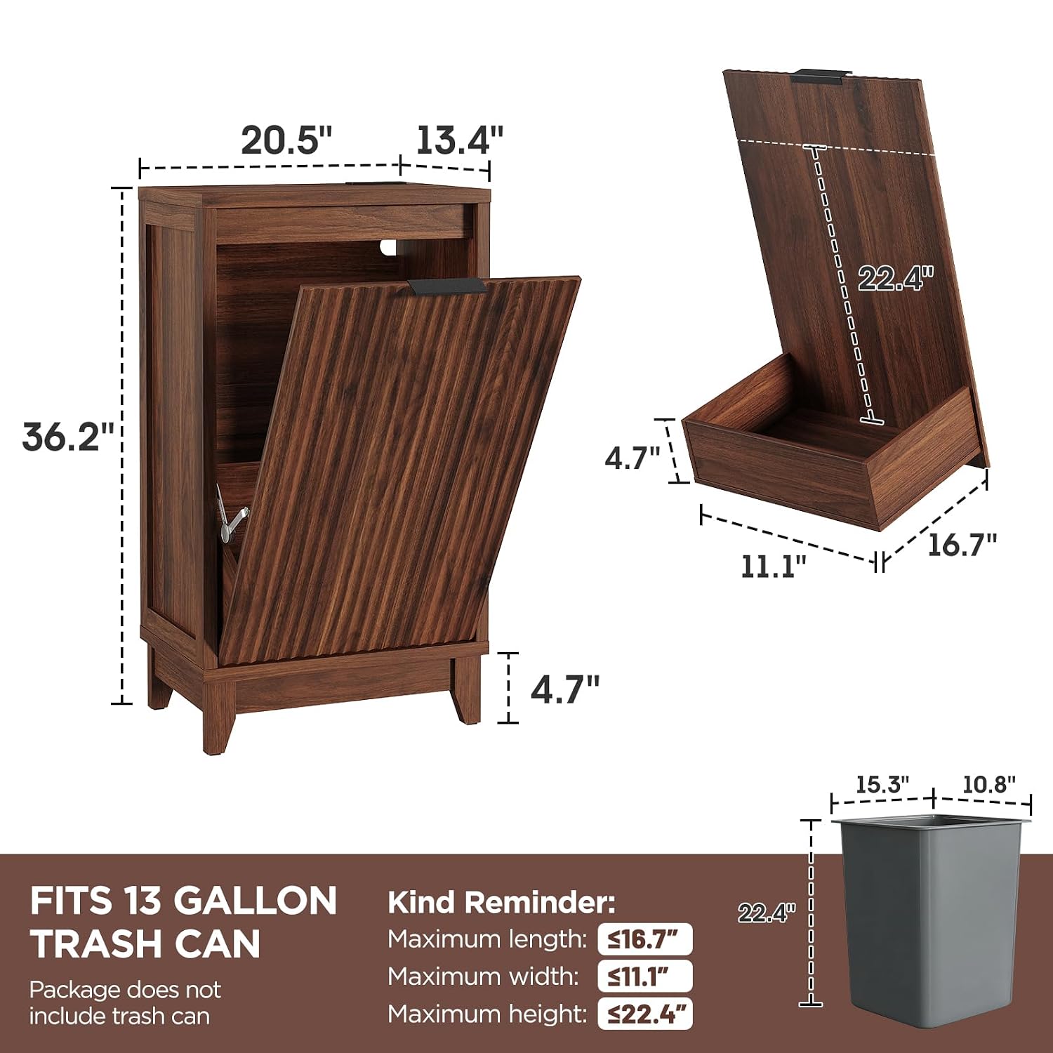 FiveWillowise Tilt Out Trash Can Cabinet with Odor Control, Fluted Trash Cabinet 13 Gallon Hidden Bin Storage, Modern Kitchen Cabinet with Soft-Close Door, Laundry Hamper Cabinet for Bathroom