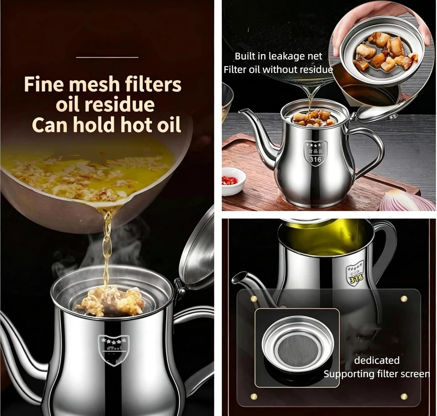 Stainless Steel Cooking Oil Pot, 500ml Kitchen Oil Bottle with Filter and Nozzle Cover, Household Kitchen Countertop Filter Tank, Reusable Cooking Oil Storage Container