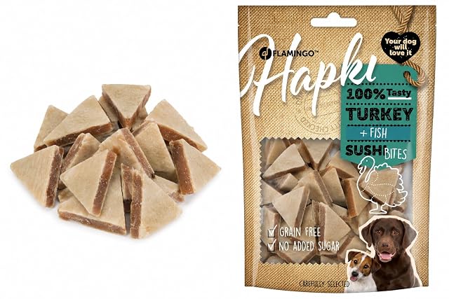 Snacks para Perros - Hapki Cubos de Sushi con Pavo y Pescado - Sin Cereales - 85 g - Flamingo