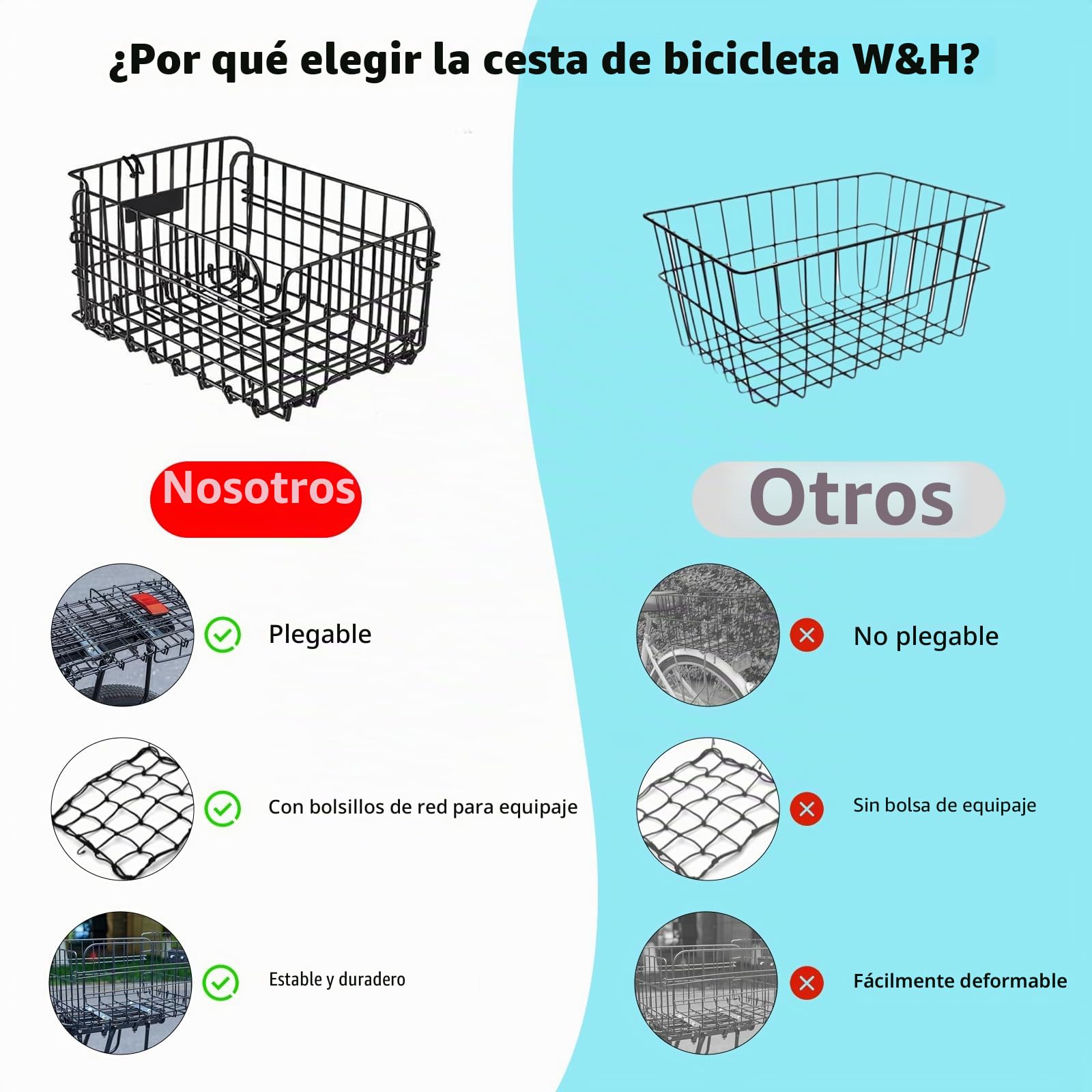 W&H Cesta trasera plegable para bicicleta, cesta de metal grande, plegable, cesta para bicicleta, portaequipajes trasero con accesorios de montaje, red para equipaje y reflector, cesta para bicicleta