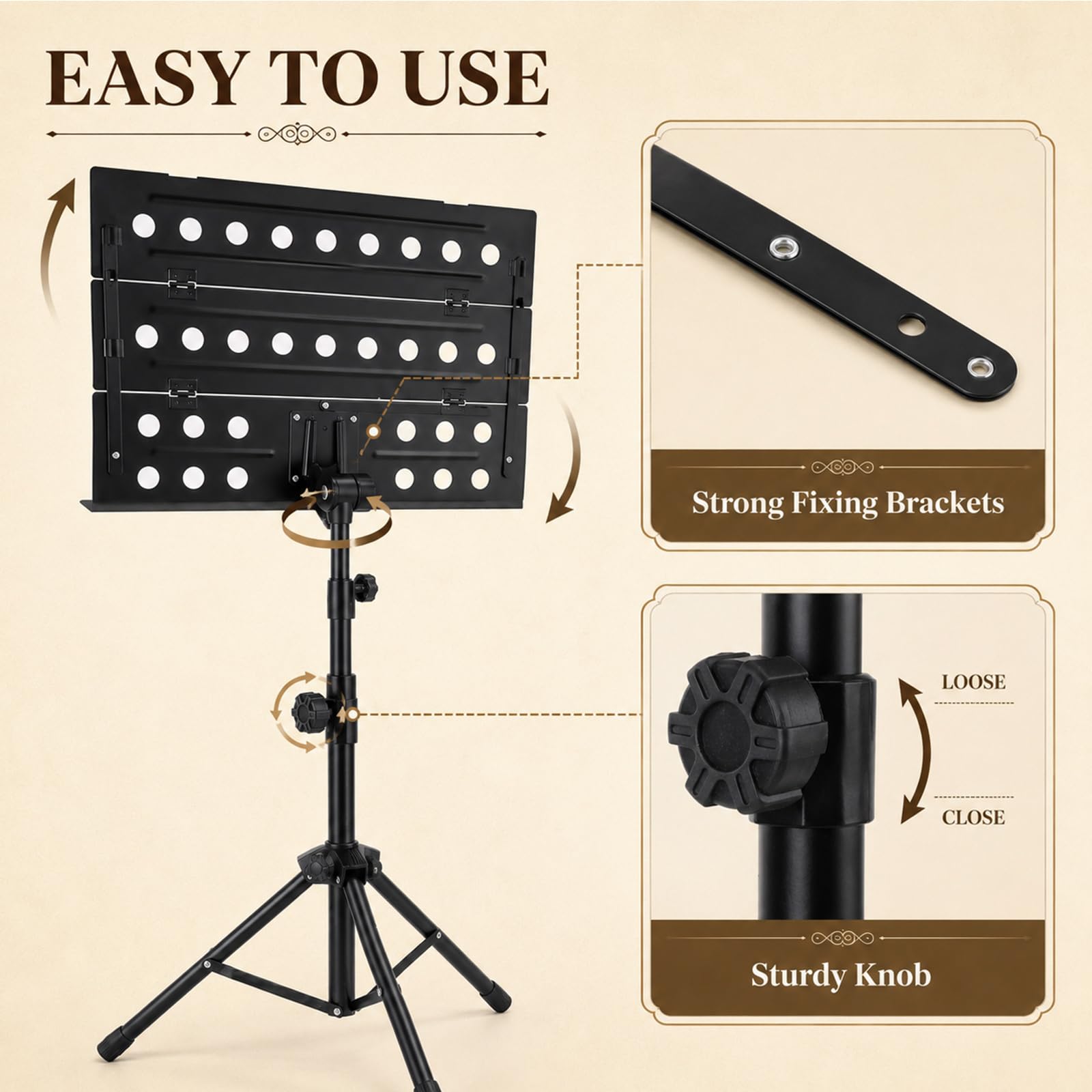 ASelected Soporte de partituras plegable portátil con bolsa de transporte, hierro negro, altura ajustable de 79-145 cm, soporte para guitarra, violín, piano, práctica de coro y ensayo de banda