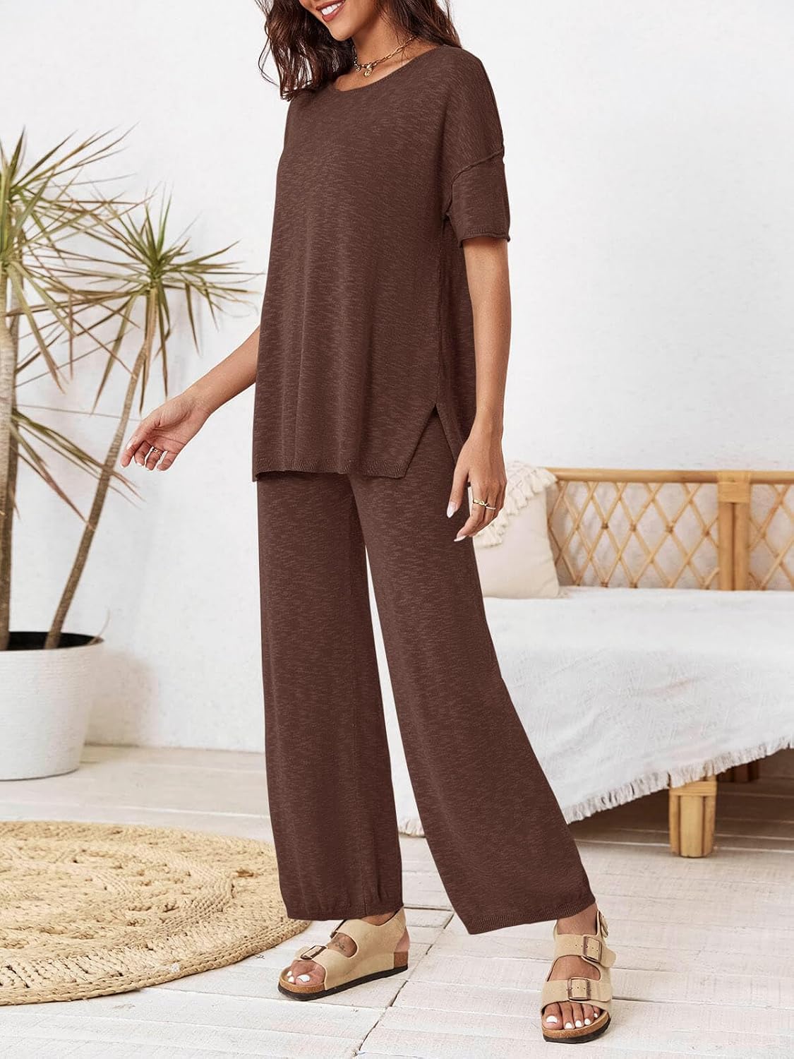 Tankaneo Women's 2 Piece Travel Outfits Casual Short Sleeve Knit Sweater Set Wide Leg Pants Lounge Sets Tracksuit - Image 5