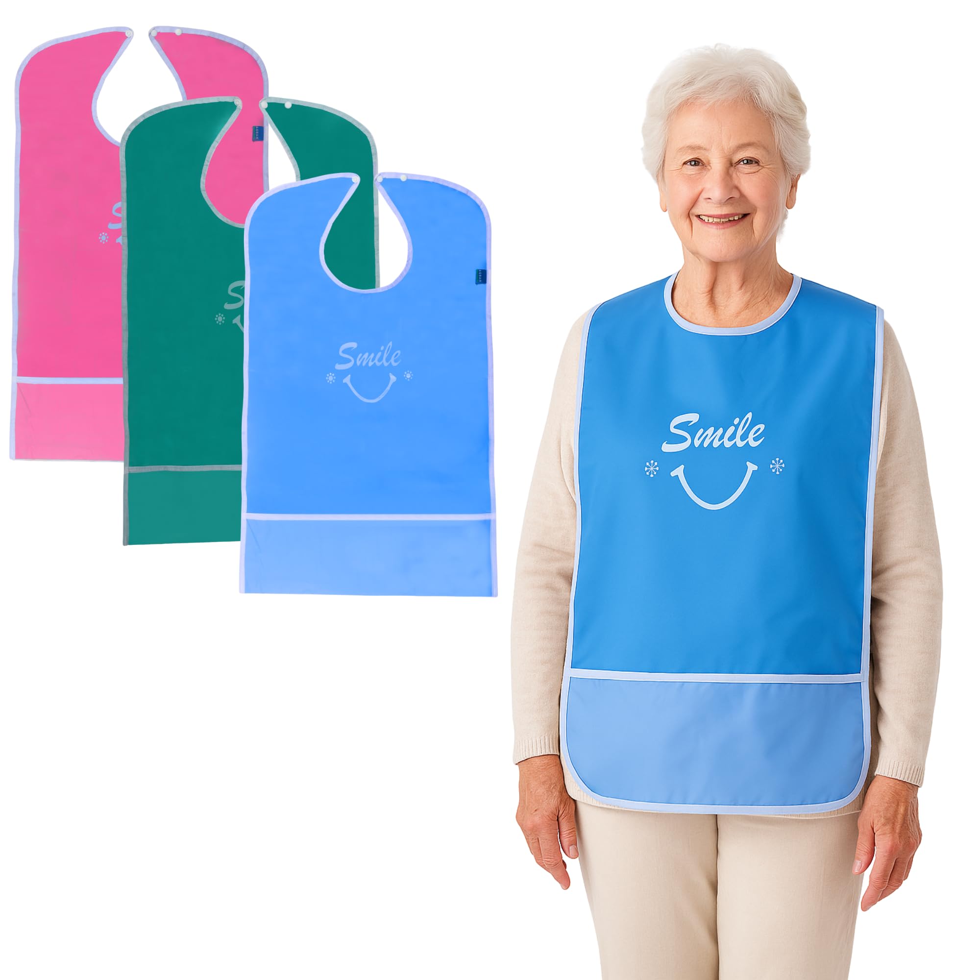 AQBAH Pack of 3 bibs for Adult Food or Dining Eating, Washable With Leakproof Pocket for Senior Citizens, Elderly Patients with Adjustable Neck Closure for Women and Men