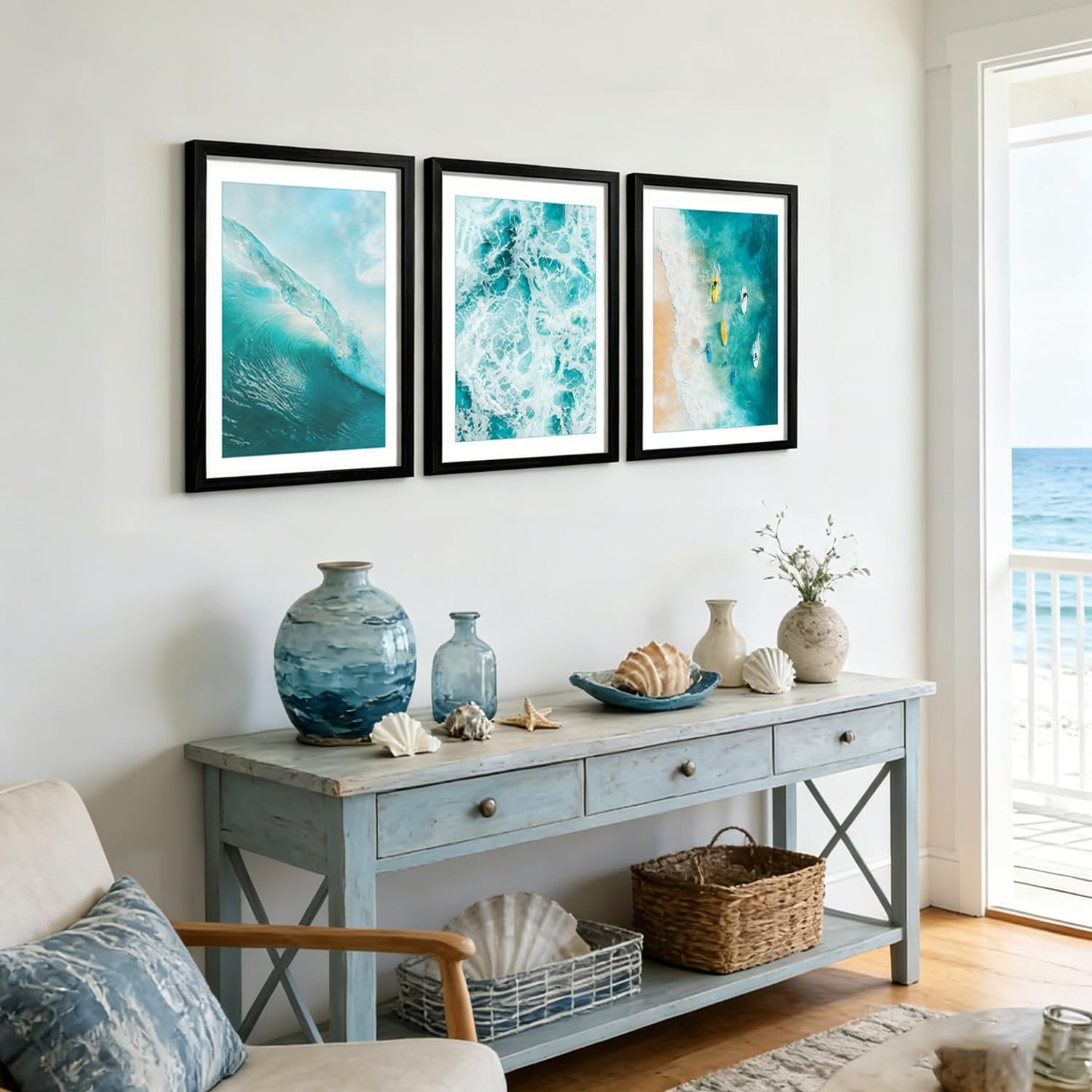 RUURUU Solid Wood Framed Ocean Wall Art Set of 3 Coastal Beach Canvas Prints with Sea Wave Surfing Poster Pictures Modern Nautical Painting Decor for Living Room Bathroom Home Office 12x16inches