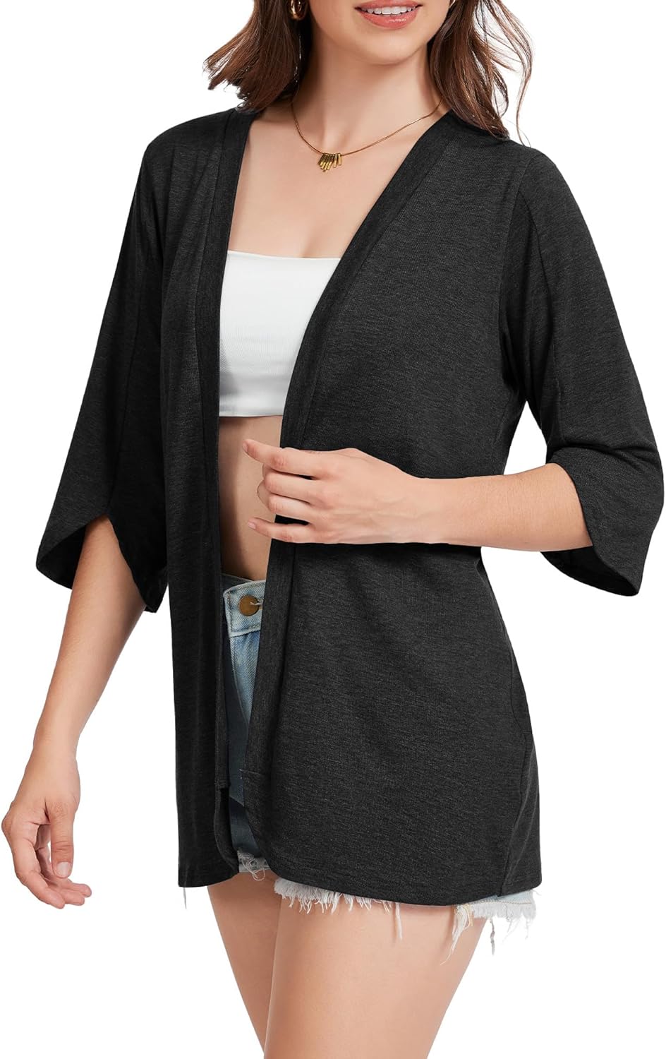 Women's Lightweight Cardigan 3/4 Petal Sleeve Summer Kimono Open Front Curved Hem Beach Vacation Cover Ups 2026 - Image 3