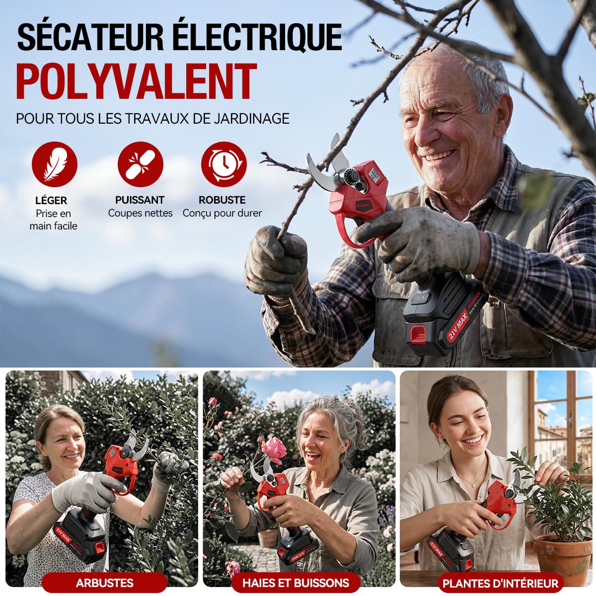 SOARFLY Sécateur Électrique Sans Fil, Sécateur Électrique, Akku Gartenschere 35 mm, 450W Brushless Motor, 2 x 21V Akku, SK5 Stahlklinge, LCD Anzeige, Für Obstbäume Gartenpflanzen Reben, Rouge