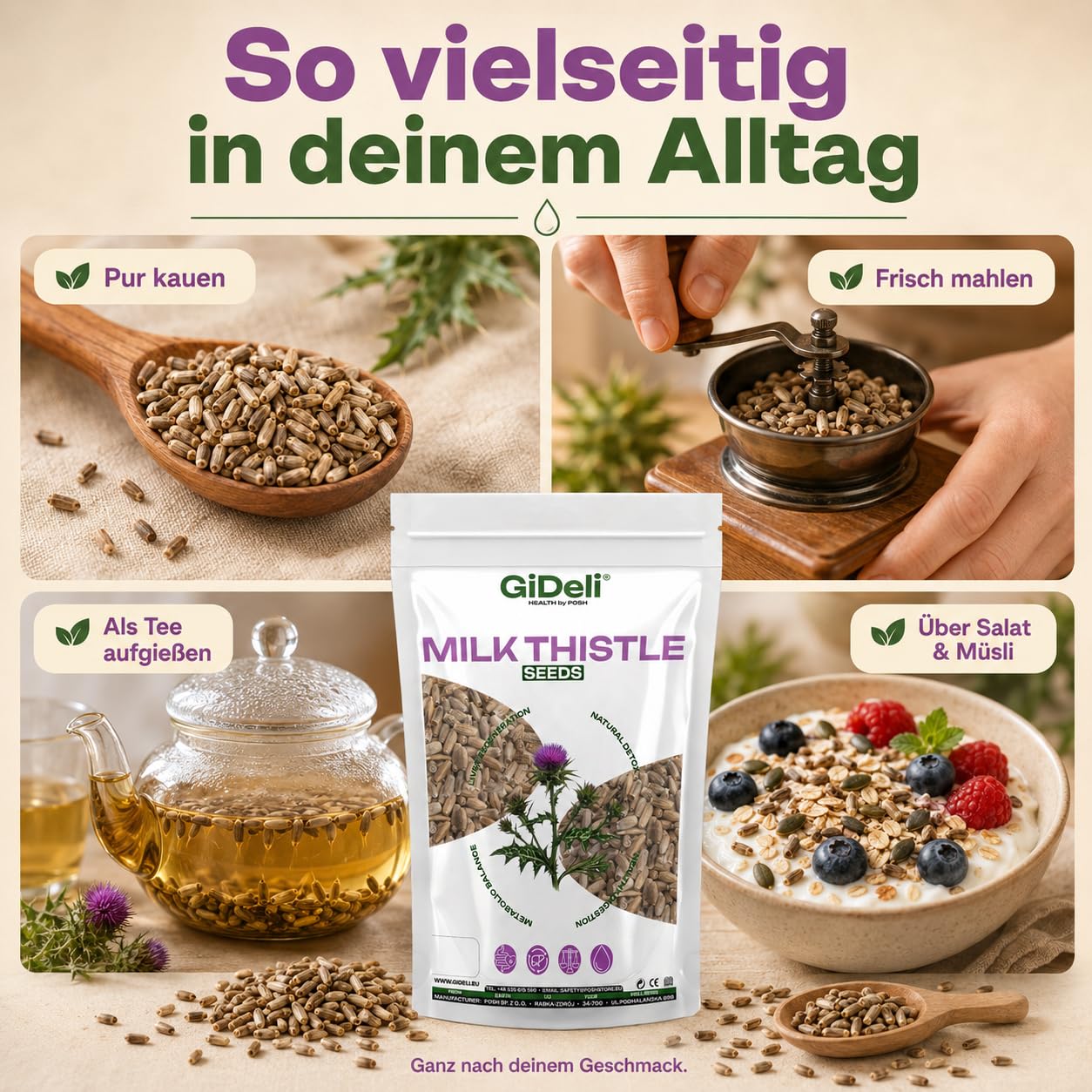 GiDeli Semillas de cardo mariano 4 x 5 kg – 100% semillas enteras sin aditivos para la dieta diaria – Contenido natural de silimarina – Ideal para yogur, cereales, batidos y ensaladas – Origen