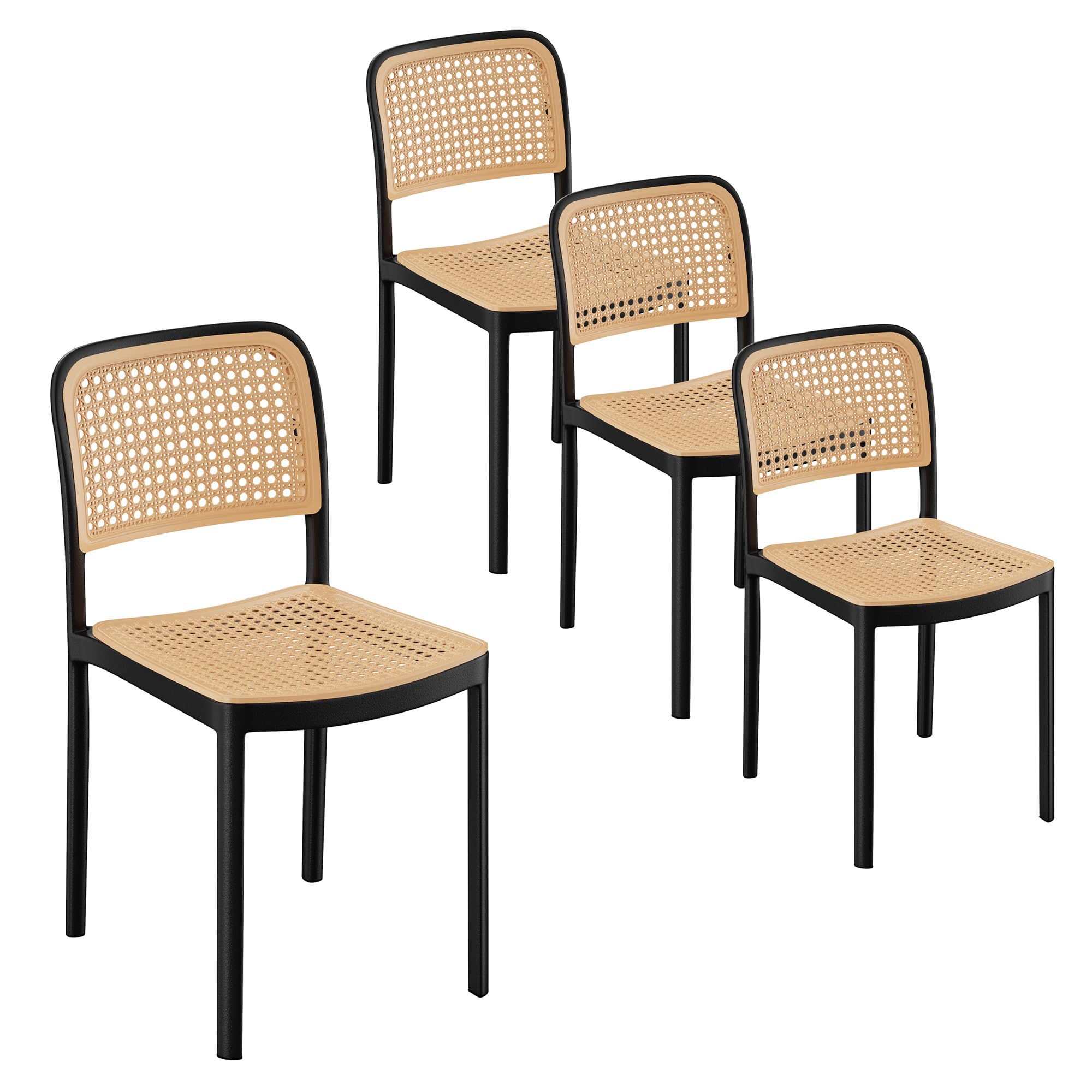 VonHaus Dining Chairs Set of 4 - Black & Natural Rattan Effect Kitchen Chairs - Compact & Stackable Plastic Seats - Modern Boho Style for Dining Room Furniture - Rattan Look Set - Brewer