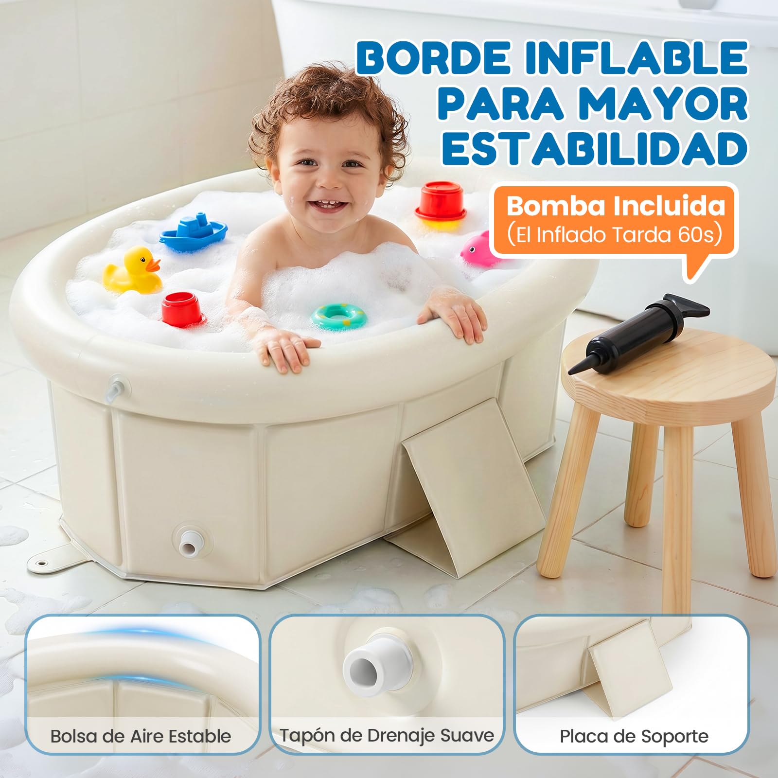 Orzbow Bañera Bebe Plegable, Bañeras para Bebes con Borde Superior Inflable, Bañera Portatil Bebe para Niños de 6 Meses a 6 Años, Estable y Duradera,Fácil de Limpiar, No Requiere Montaje, Blanco crema