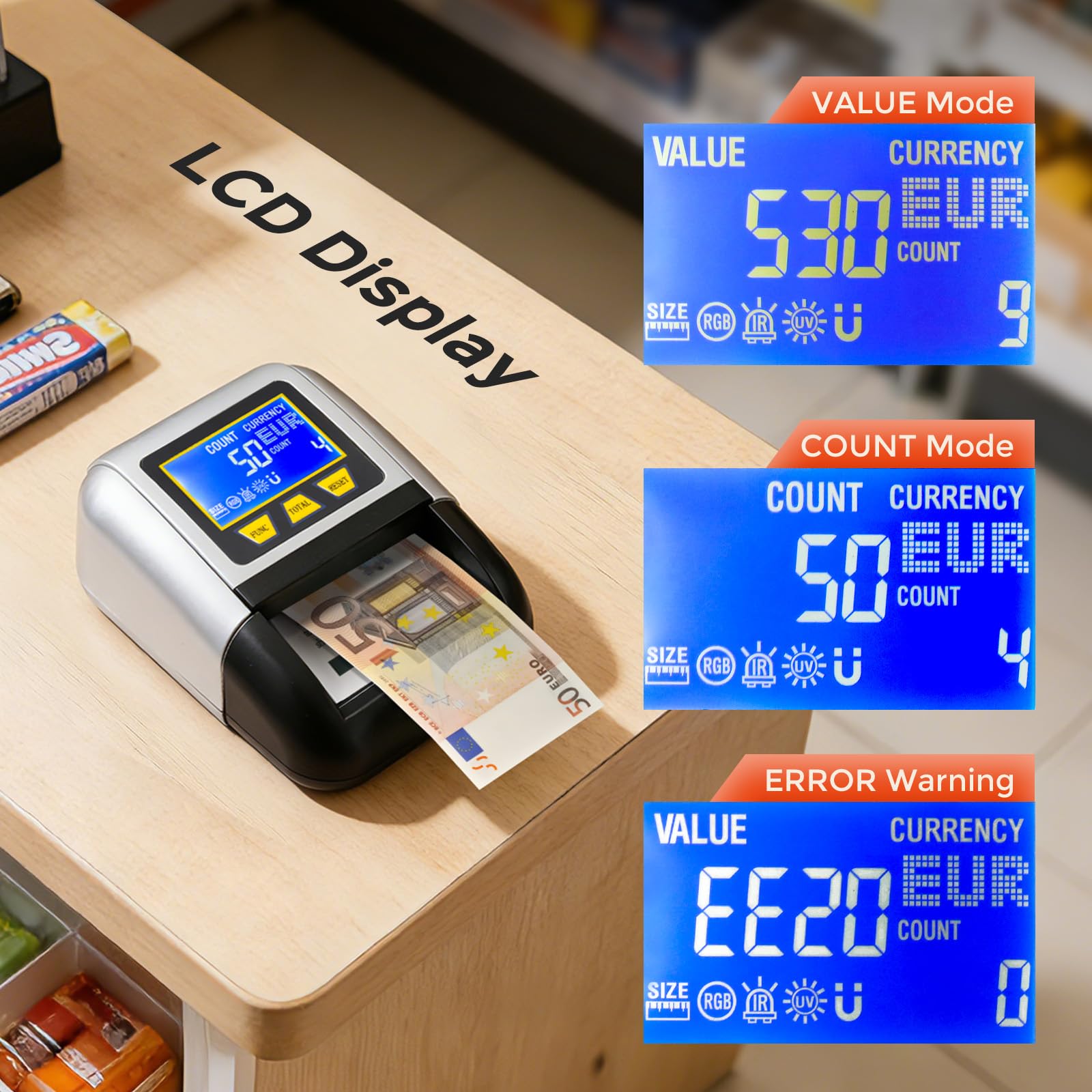 Bonvoisin Verificatore di Banconote, Rilevatore Falsi con UV/IR/MG, Portatile Testare con Funzione Valore Totale, Batteria Ricaricabile, 4 Orientamenti, Compatibile EUR/USD/GBP Ecc., Schermo LCD (A)