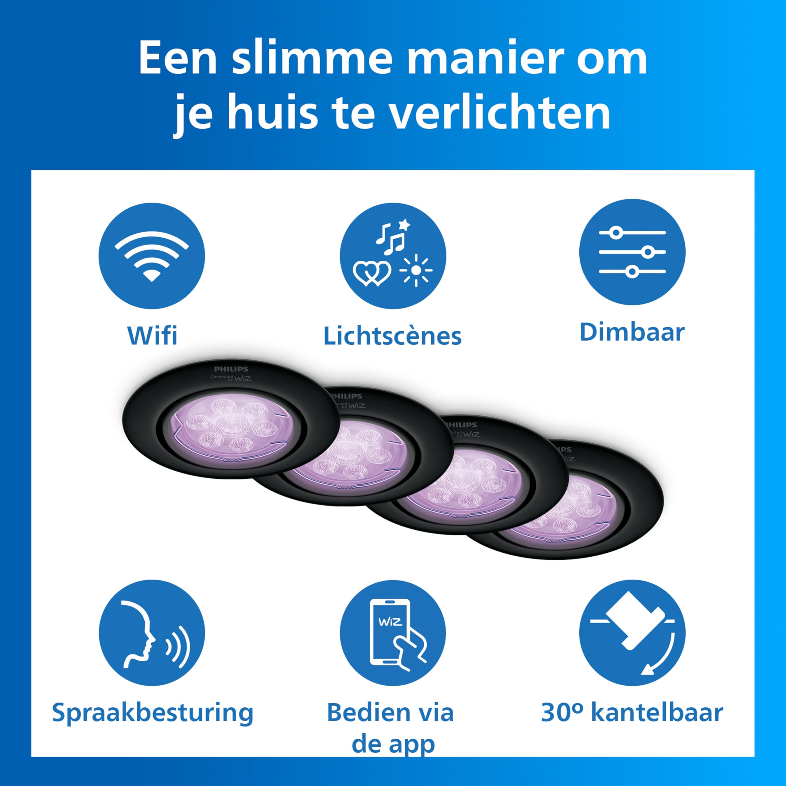 Philips Smart Lighting Kit Bombillas GU10, Pack de 4, Luz Blanca Ajustable y de Color, Solución Total, Cabezal Inclinable, Control por App y Voz, Negro