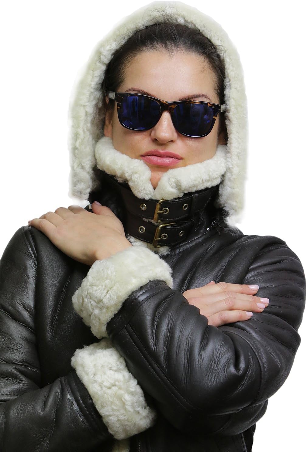 BRANDSLOCK Women's Genuine Sheepskin Leather Flying Aviator Winter Jacket With Hood