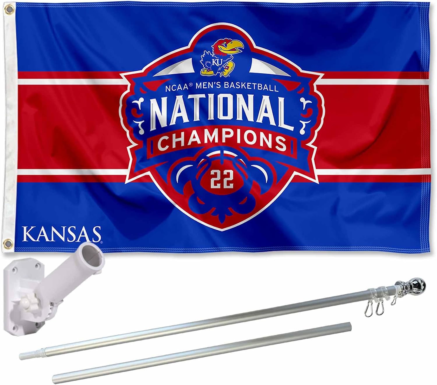 Kansas KU Jayhawks Mens Basketball 2022 National Champions Flag with Pole and Bracket Holder University Set