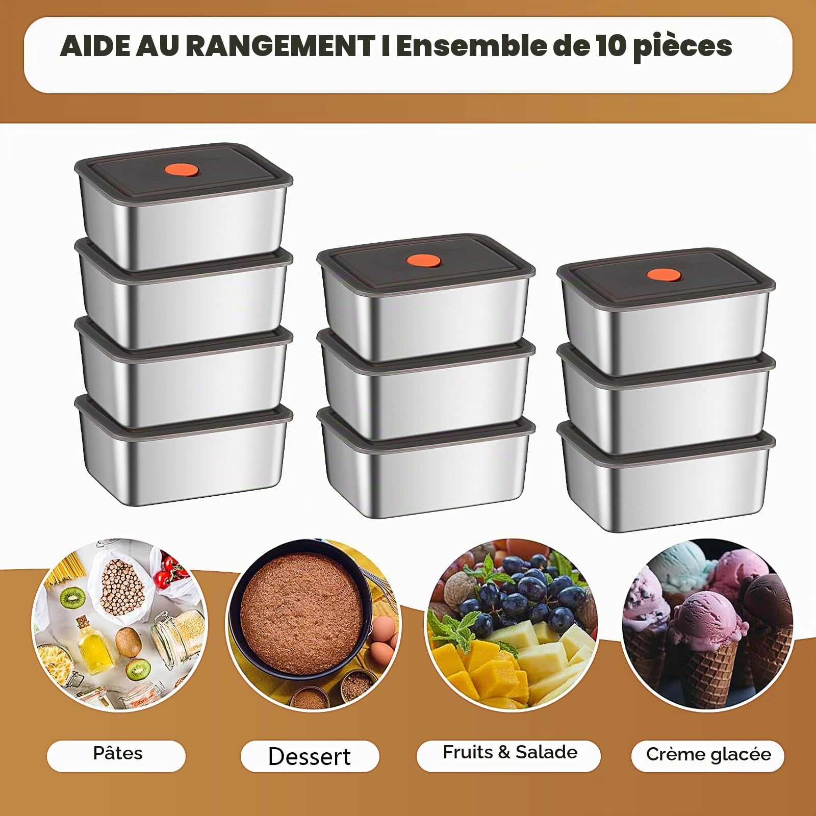 Lot de 10 boîtes de conservation avec couvercles,600 ML Boîtes de conservation en acier inoxydable, réutilisables pour congélation, boîtes de stockage, boîtes de rangement pour la cuisine