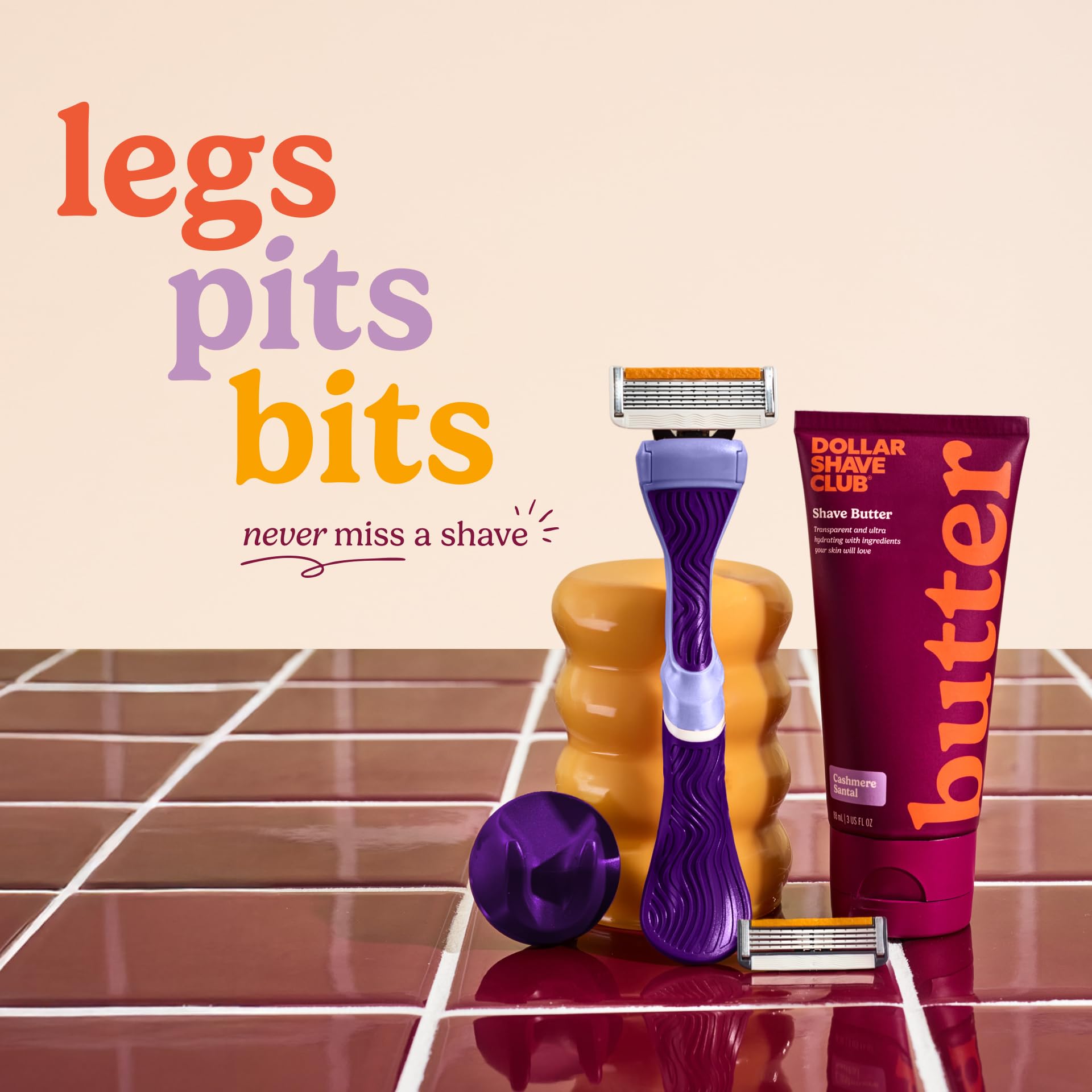 Dollar Shave Club Dla kobiet | 1 uchwyt z fioletową falą, 4 wkłady do maszynki do golenia, 1 kaszmirowe masło do golenia, 1 wieszak prysznicowy | maszynka do golenia dla kobiet
