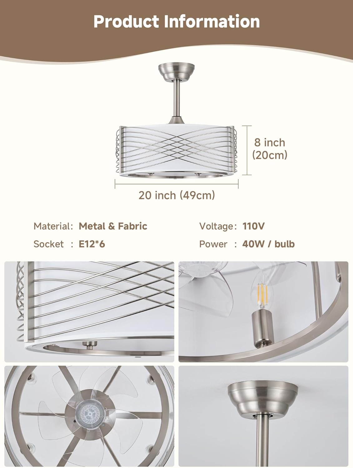 20" Fandelier Ceiling Fans with Lights, Silver Caged Ceiling Fan with Light Remote Control, Mid-Century Modern with 6 Speeds for Bedroom, Nursery, Living Room (Silver)