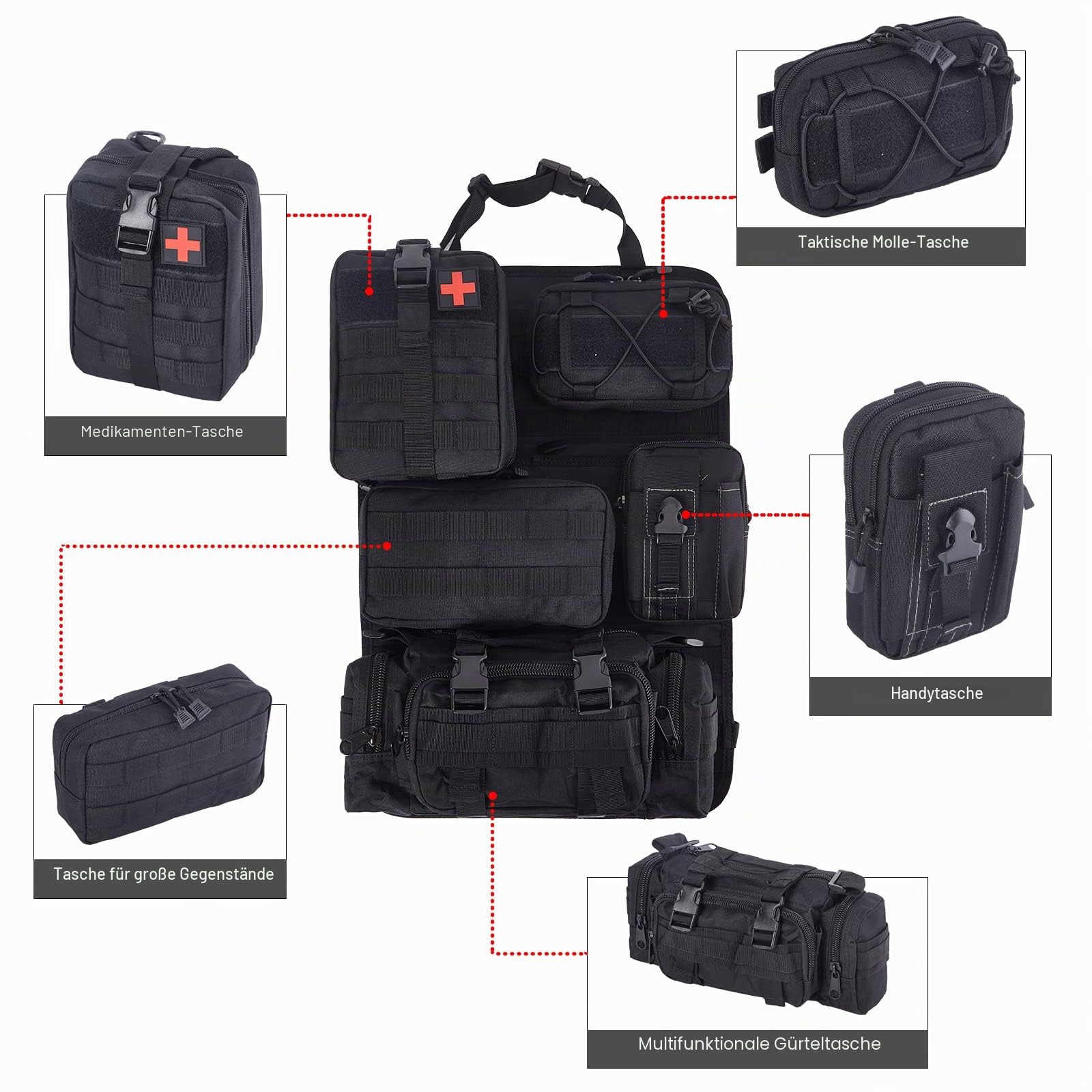 Taktischer LKW-Organizer für Rücksitz, Aufbewahrungstasche, Molle-Panels für Fahrzeuge, Auto und SUV, Schwarz, 6 Stück