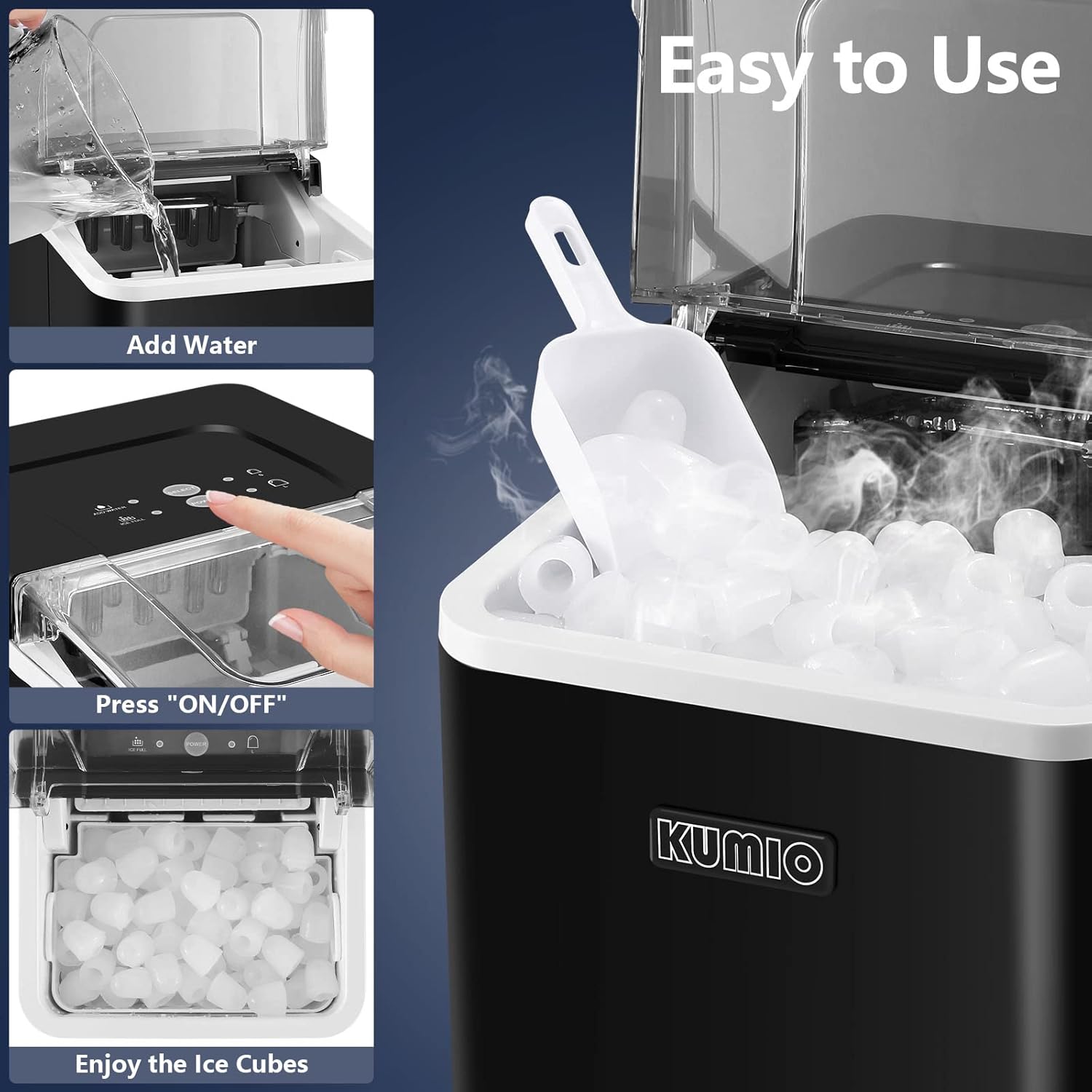 Three images showing the steps to use the ice maker: Add Water, Press ON/OFF, Enjoy the Ice Cubes.