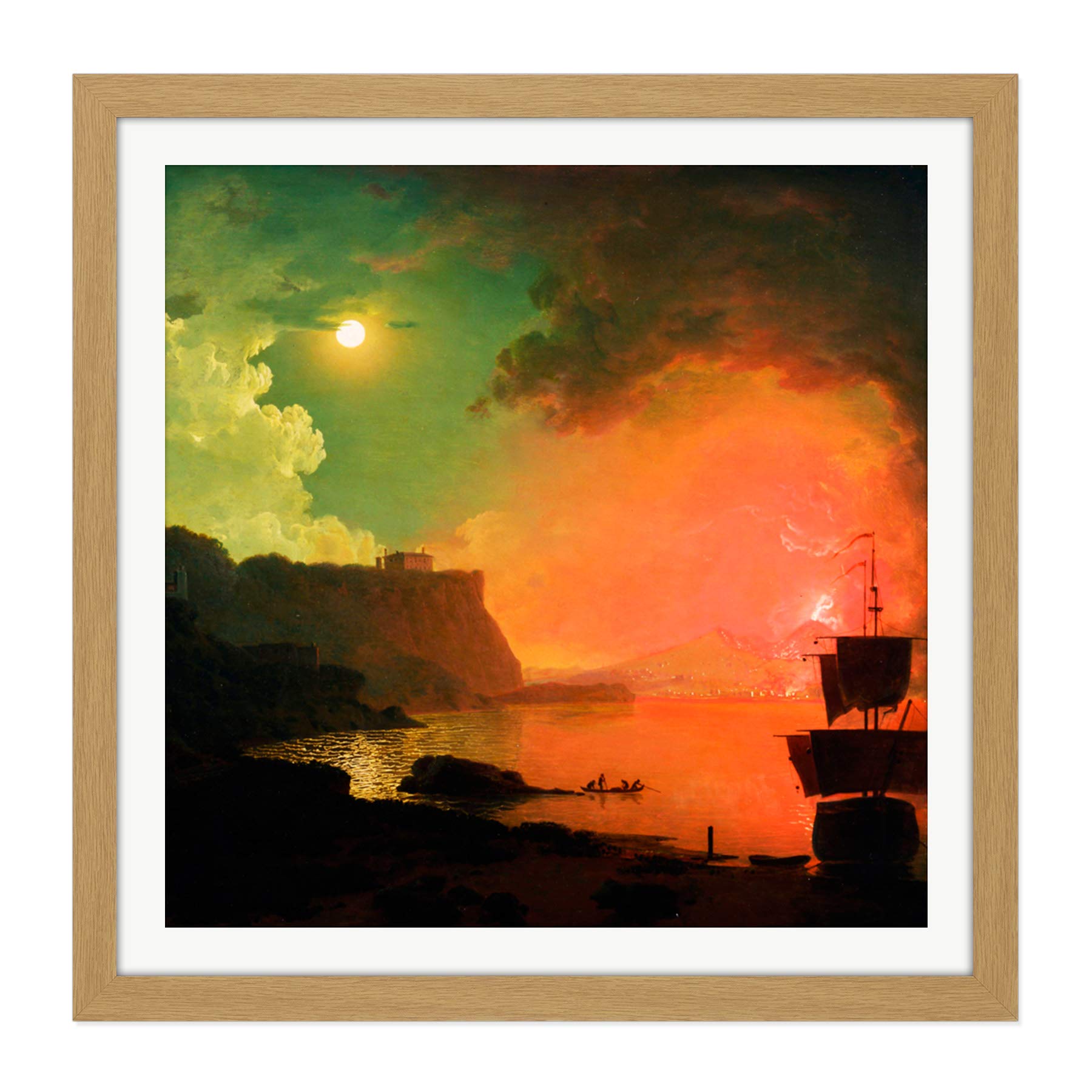 Wright Derby Volcano Vesuvius Posillipo Painting Square Wooden Framed Wall Art Print Picture 16X16 Inch