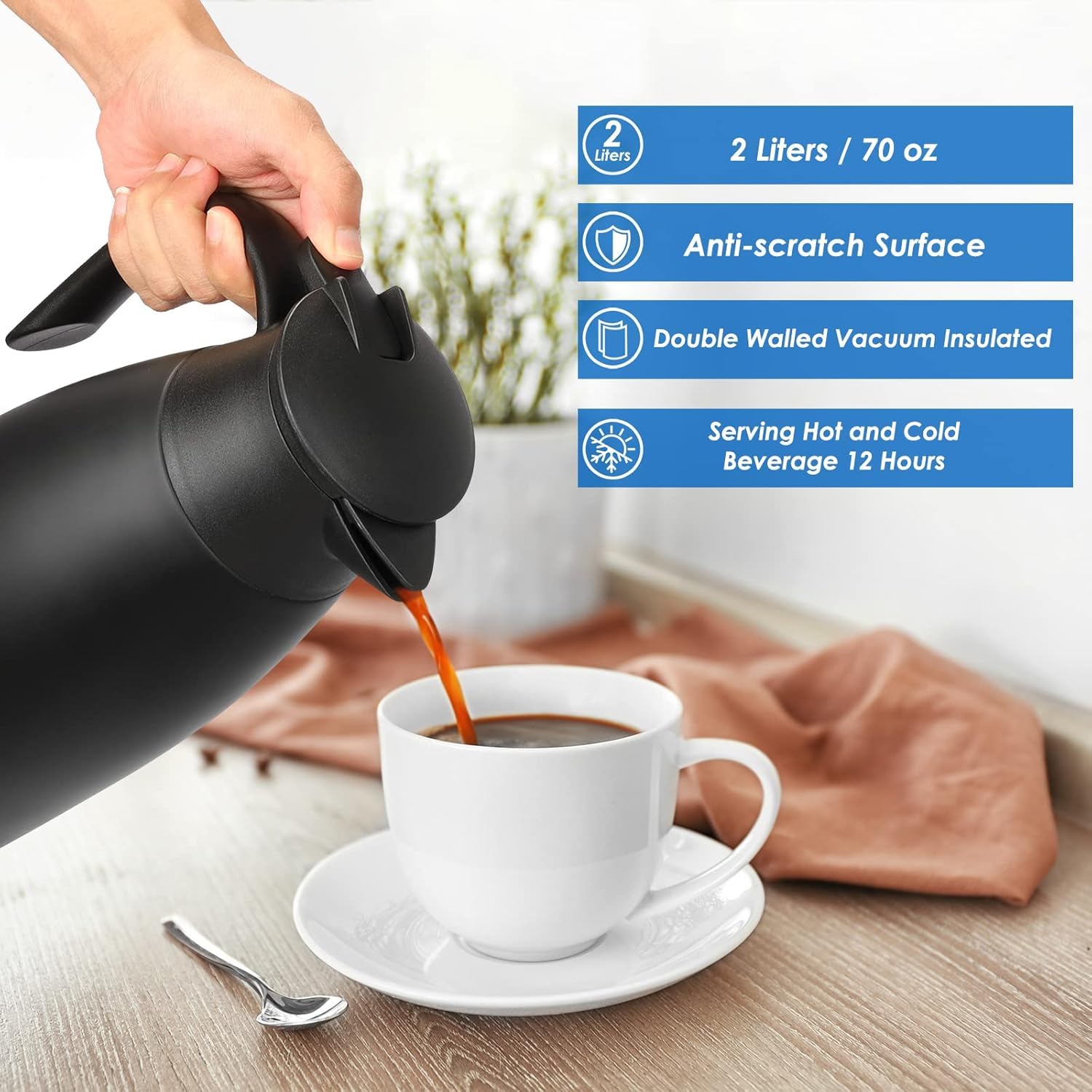 2 Liter Edelstahl Isolierkanne, Doppelwandige Vakuum Tee- und Kaffeekanne, Hitze- und Kälteisolierung, Perfekt für Zuhause, Büro oder Outdoor (Schwarz)