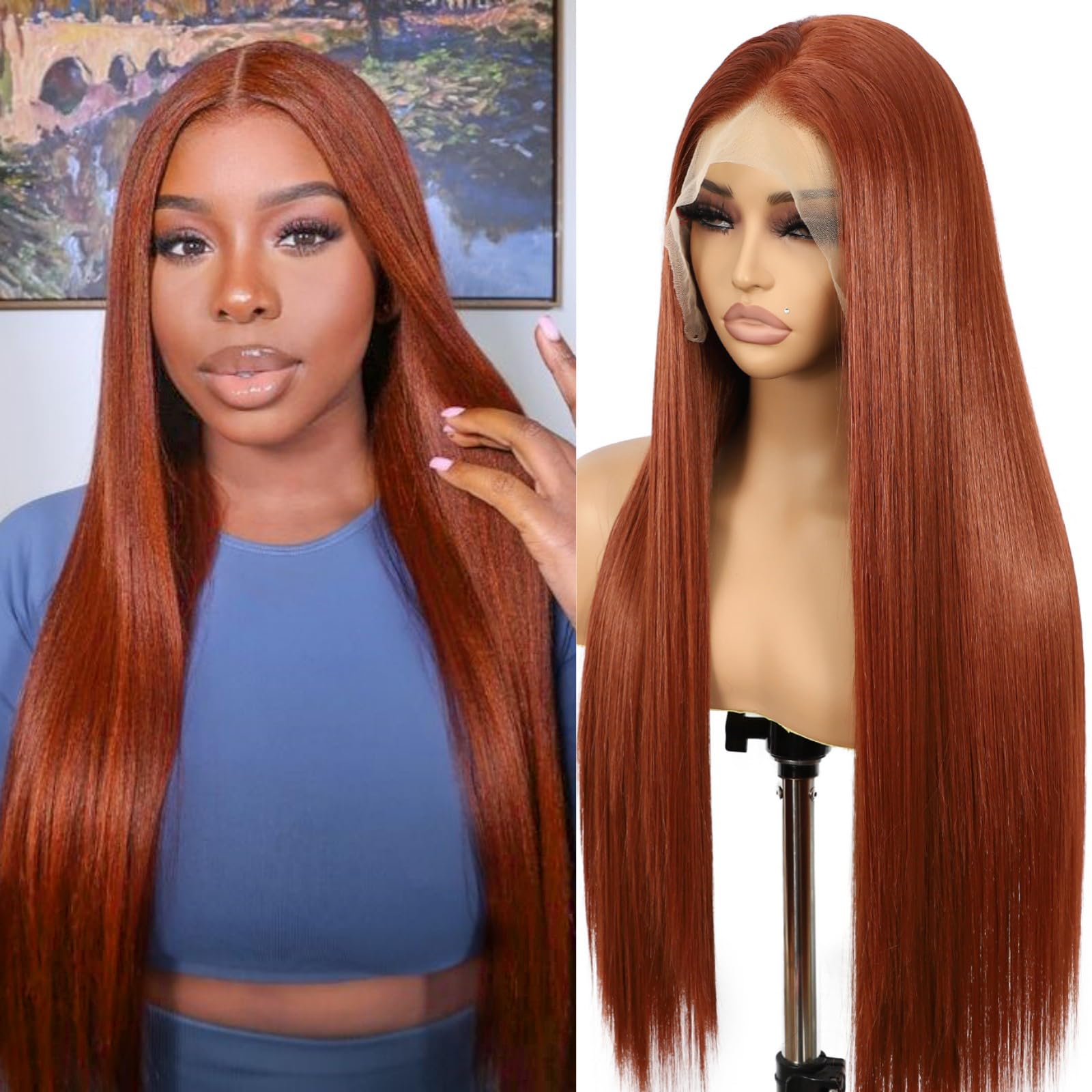 SAPPHIREWIGS Reddish Brown #350 Color Natural Straight Hairline No-Tangle Natural Hairline 6×13 Big Lace Freedom Part Daily Makeup Easter Gift