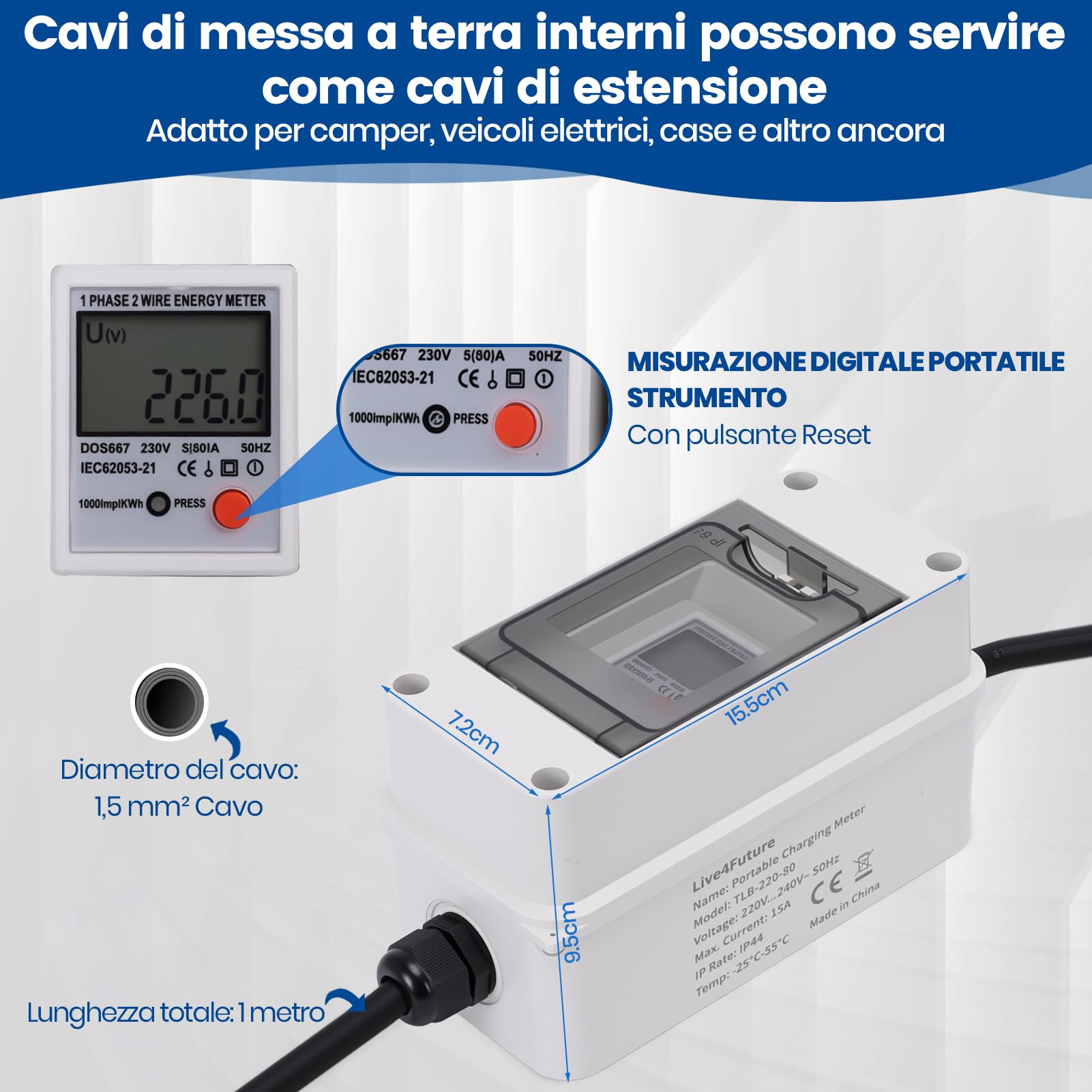 Contatore Elettrico Digitale Portatile, 80A 230V Contatore Intelligente Mobile con Display LCD e Pulsante di Reset, alloggiamento Impermeabile IP65, per Camper eveicoli elettrici
