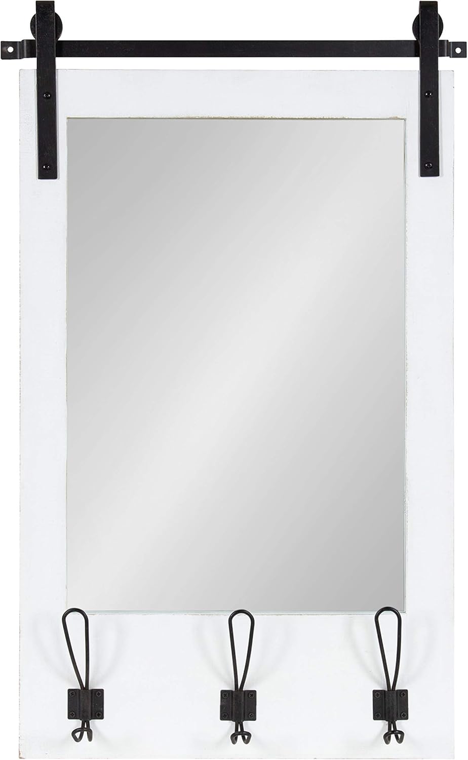 Kate and Laurel Cates Rustic Wall Mirror with Hooks, 18 x 28, White, Farmhouse Wall Decor with Function