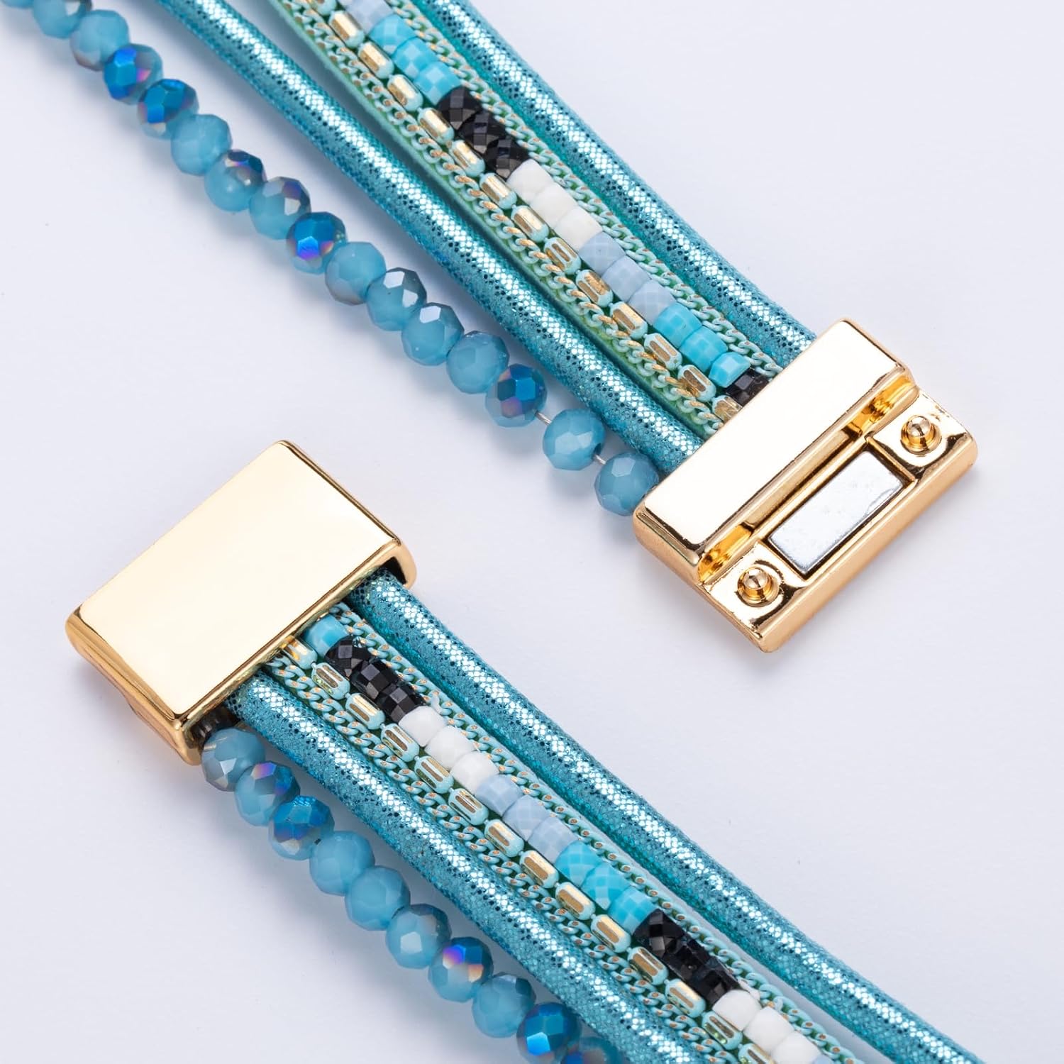 FANCY SHINY Leather Wrap Bracelets Crystal Beads Bracelet Boho Cuff Stone Charm Bracelets with Clasp Costume Jewelry for Women - Image 5