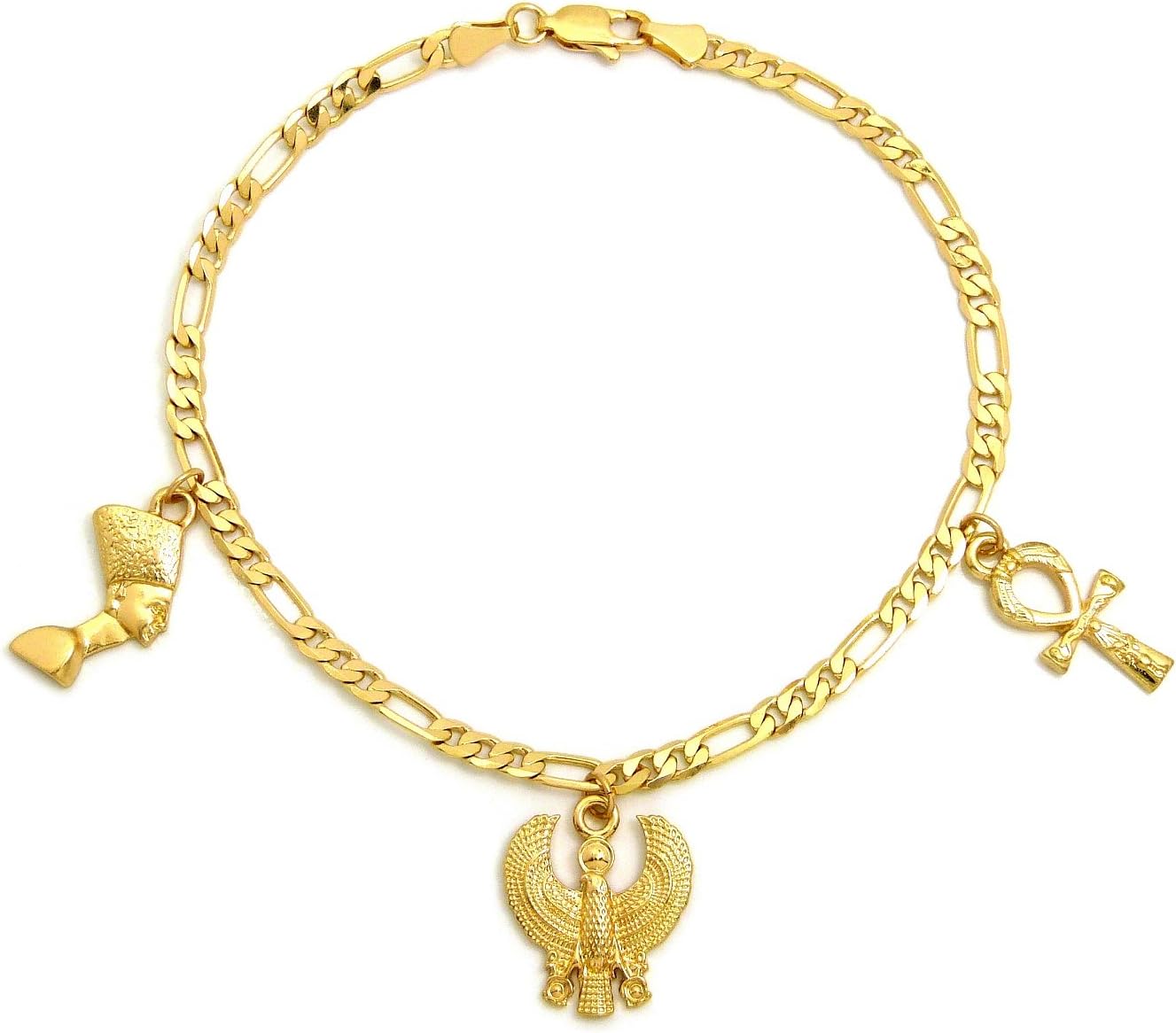 Fashion 21 Women's Egypt Ankh, Horus Bird, Nefertiti, Anubis, Pyramid Charms 3.5mm 10" Figaro Chain Anklet (Style 2)