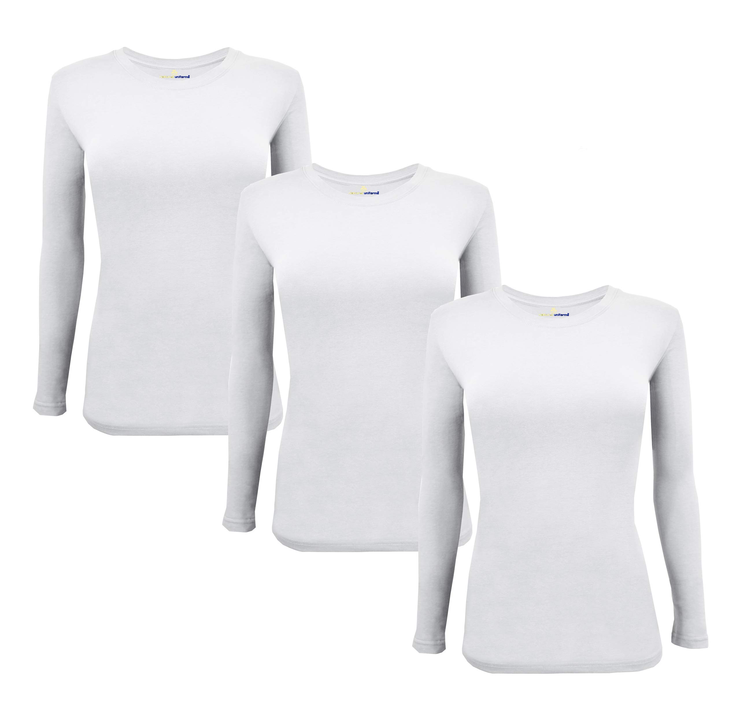 Natural Uniforms Women's Under Scrub Tee Crew Neck Long Sleeve T-Shirt-3-Pack (Small, 3 Pack White)