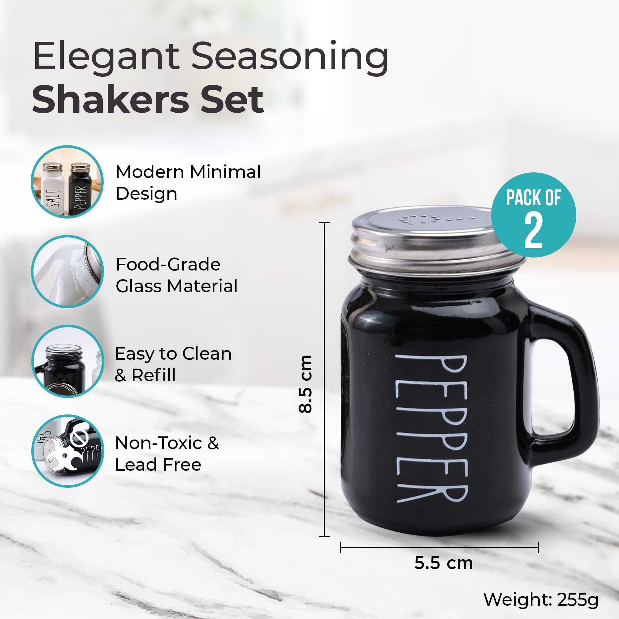 The Better Home Glass Salt & Pepper Shakers Set- Black & White | Moisture-Proof Seasoning Shakers with Handle | Perfect Pour Holes for Kitchen Dining Table Restaurant (Pack of 1) — Amazon image 3
