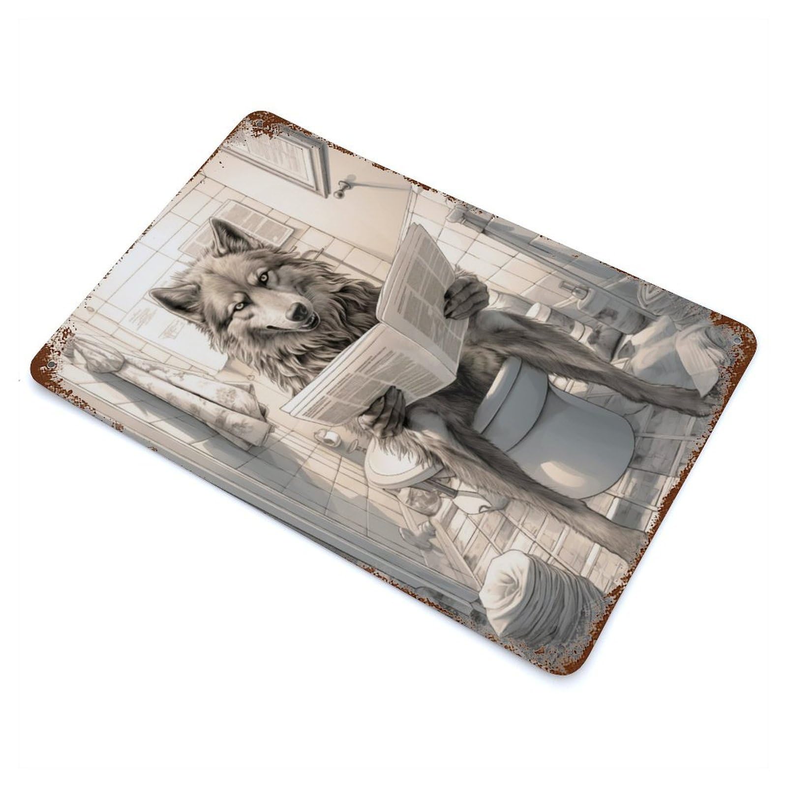 Wolf on Toilet Rust Effect Tin Sign 11.8"x7.9", Novelty Wall Decor for Garage, Pub Or Kitchen