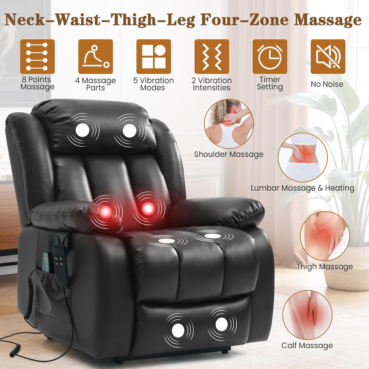Lift Recliner Chair, Dual Motor Infinite Position Lay Flat Lift Chairs with 8-Point Massage & Heat,USB/Type-C Ports, Dual Remote Control,Heavy Duty 350lbs Capacity, Width 18.6" (Leather,Black)