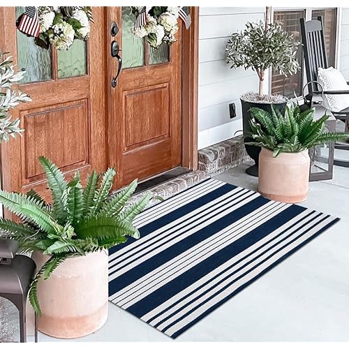 Blue and White Layered Doormat,27.5x43.3inch Striped Outdoor Rug Hand Woven Cotton Indoor Outdoor Rug for Porch Layered