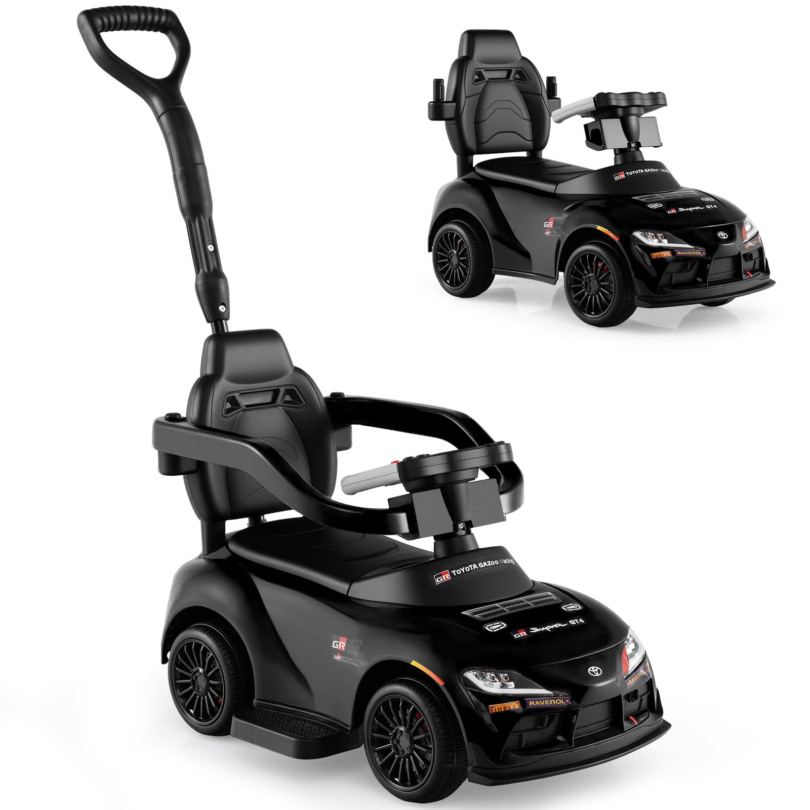 Licensed Toyota Ride on Push Car for Toddlers by INFANS, 3 in 1 Walking Sliding Car with Removable Guardrails and Handle, Music, Under Seat Storage (Black)