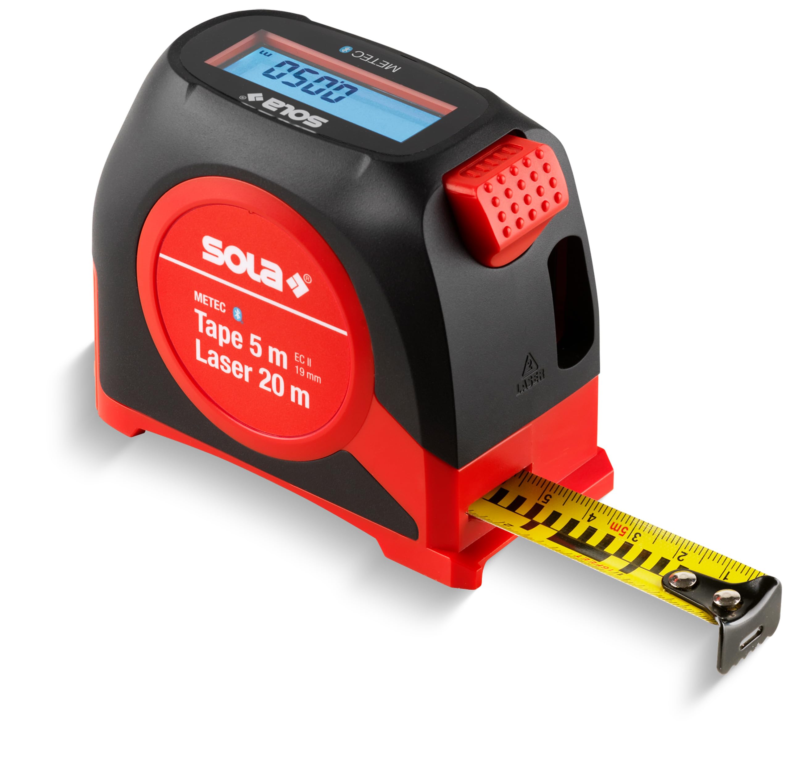 SOLA METEC - 2 in 1: Maßband digital (5m) und Entfernungsmesser (20 m) - Rollbandmaß digital mit LCD-Anzeige und 7 Messfunktionen - Übertragen der Messwerte auf Smartphone-App