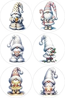 12 White Gnomes Christmas Selection - Card Making Toppers Self Adhesive Circles - Glossy Finish Medium 88mm (3.5 inches) Diameter - Pack of 12 (Two Sheets Of 6) - Crafts Labels