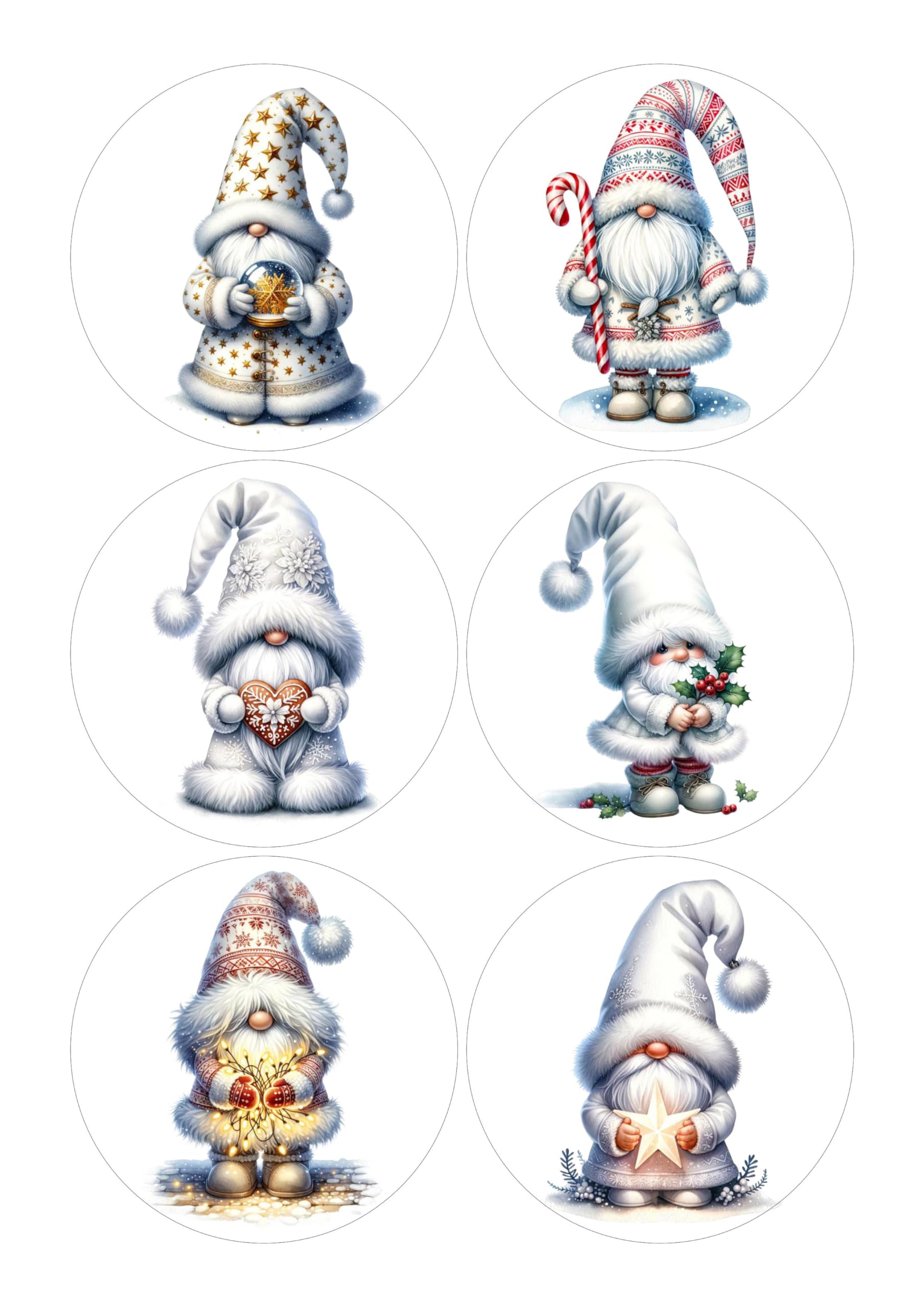 12 White Gnomes Christmas Selection - Card Making Toppers Self Adhesive Circles - Glossy Finish Medium 88mm (3.5 inches) Diameter - Pack of 12 (Two Sheets Of 6) - Crafts Labels