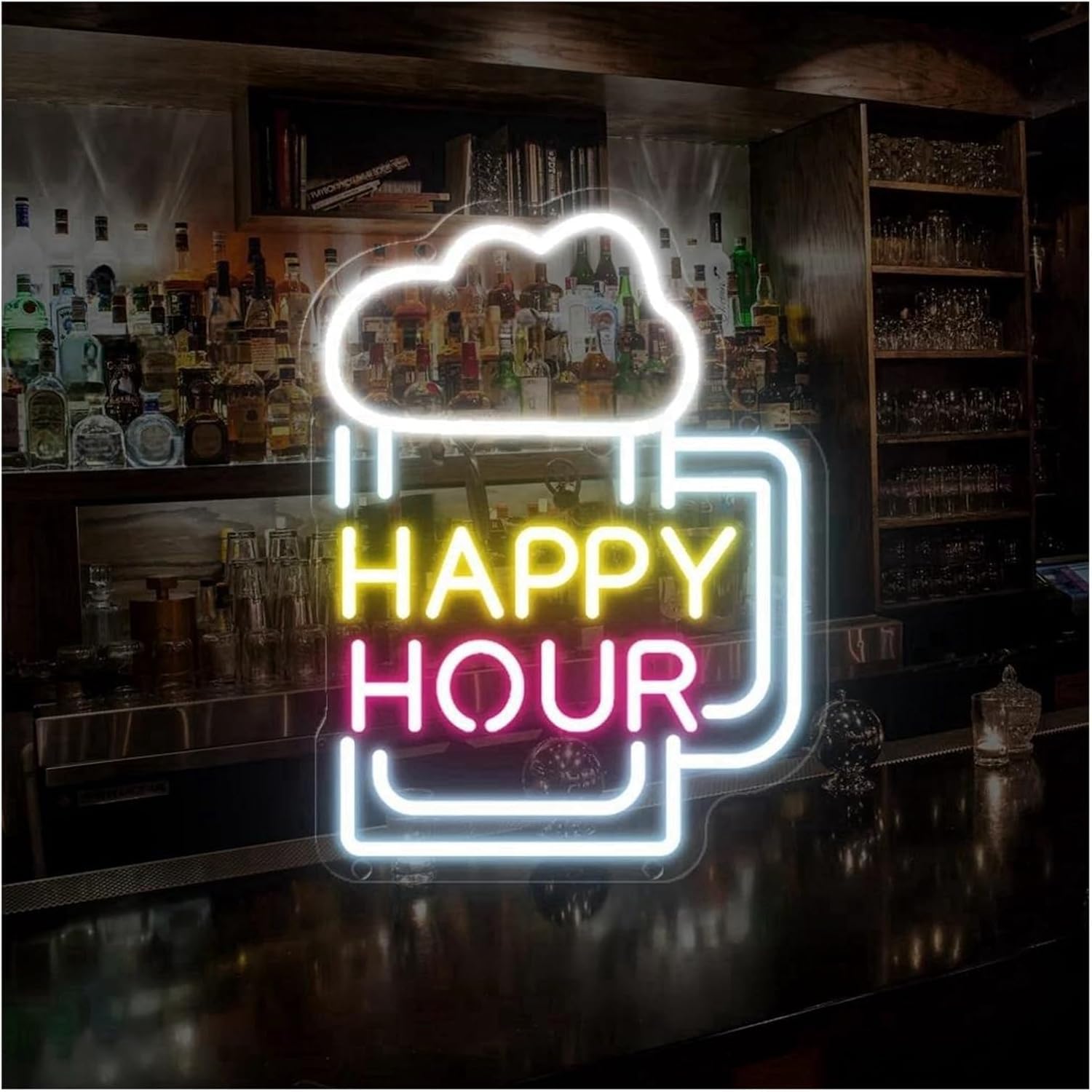 Insegna al neon con luci lettere Happy Hour dimmerabili per decorazioni murali per feste 24,3 cm x 32