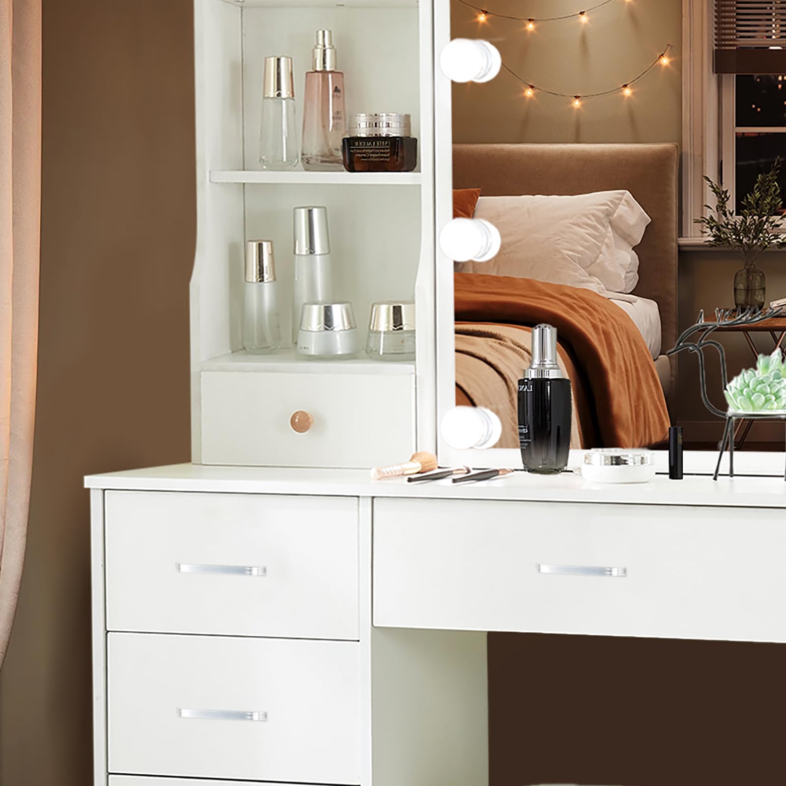 Postazionetrucco, Specchiera con regolabile LED illuminato, Toletta da camera da letto con 6 cassetti e 3 ripiani aperti