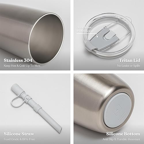 Miniatura 10 de SWANZ Vaso térmico de acero inoxidable con tapa y pajita, vaso térmico reutilizable para bebidas calientes y frías, taza de viaje de café, botella