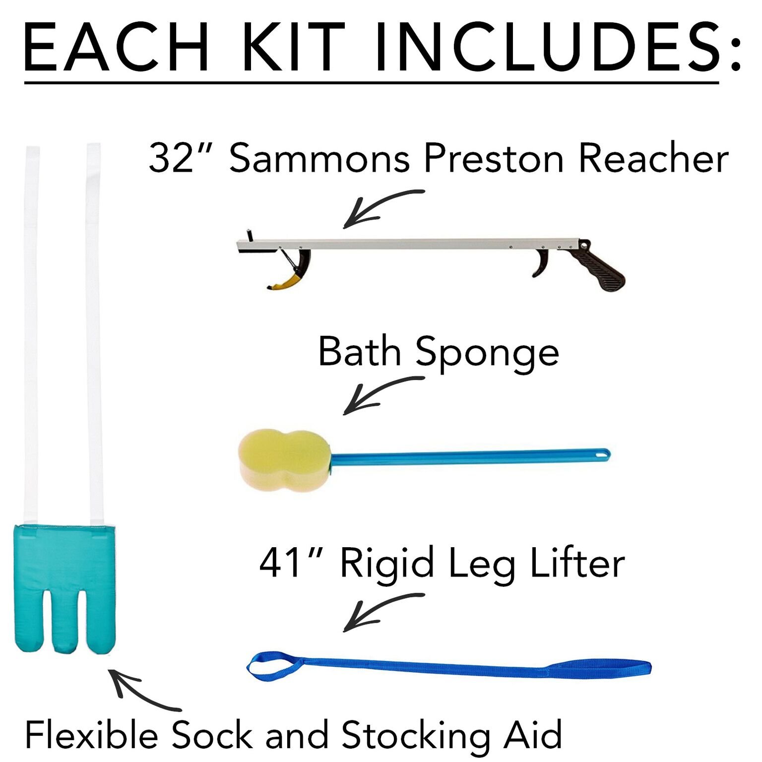 Sammons Preston Hip Kit 9, cztery niezbędne pomoce do codziennego życia wspomagane dla ograniczonej mobilności, w tym 32-calowy zaczep reachera, elastyczna pomoc w skarpetce, sztywny podnośnik nóg i